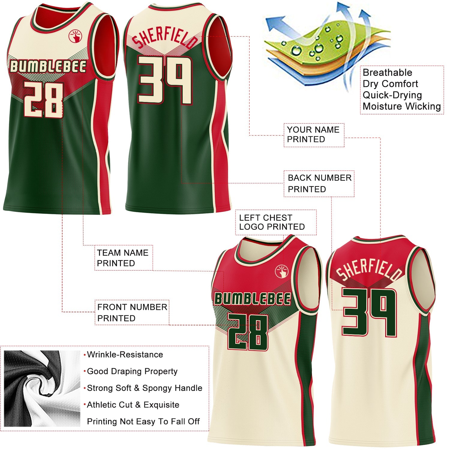 Custom Cream Green-Red Side Panel Stripe Geometric V-Cut Color Block Reversible Double Side Sublimation Basketball Set Jersey view 3