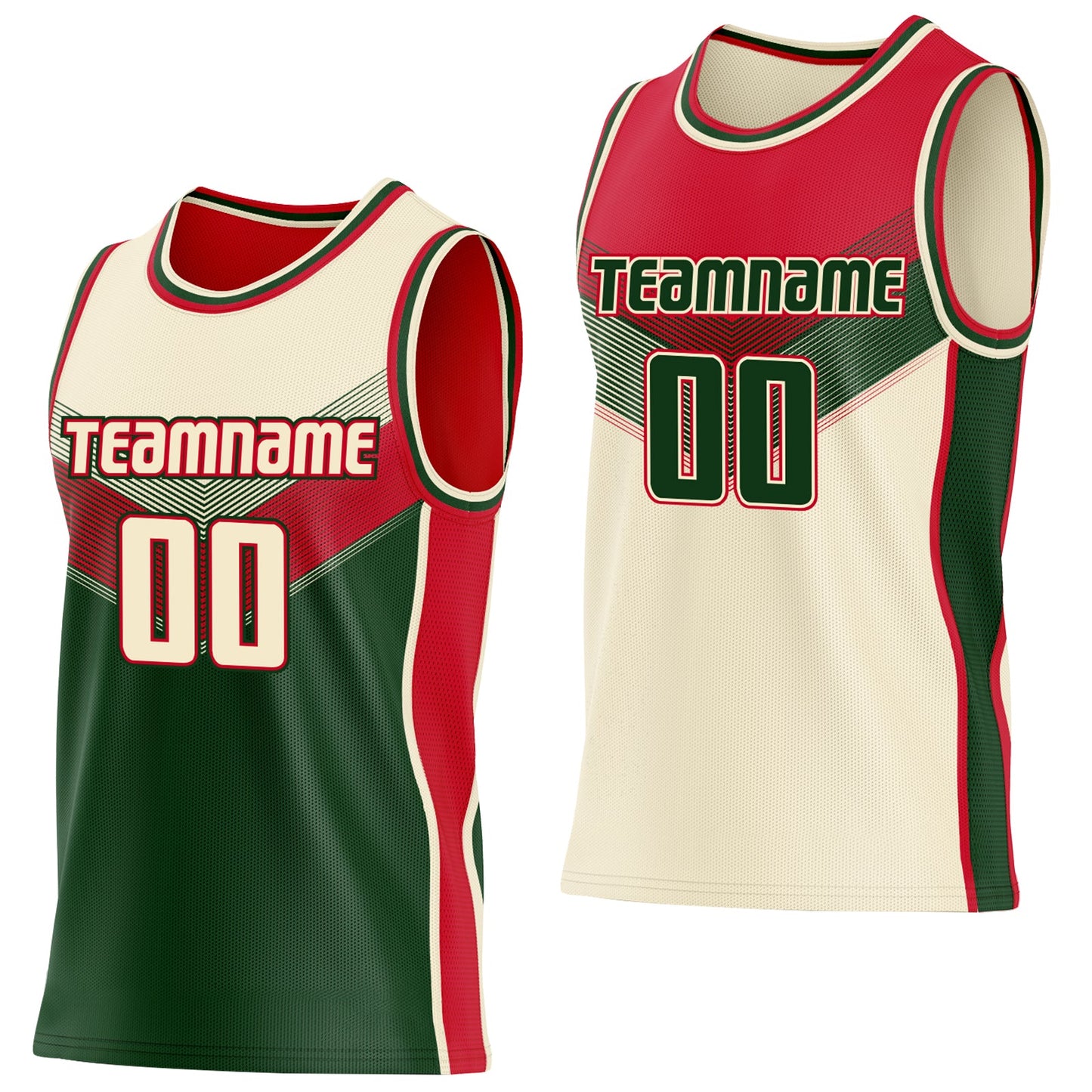 Custom Cream Green-Red Side Panel Stripe Geometric V-Cut Color Block Reversible Double Side Sublimation Basketball Set Jersey - Main View