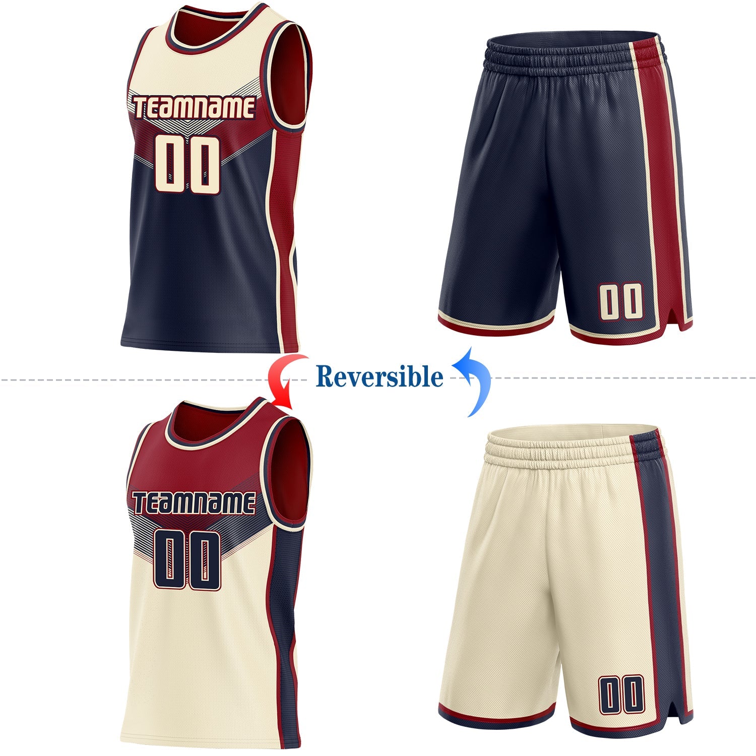Custom Cream Navy-Maroon Side Panel Stripe Geometric V-Cut Color Block Reversible Double Side Sublimation Basketball Set Jersey view 2