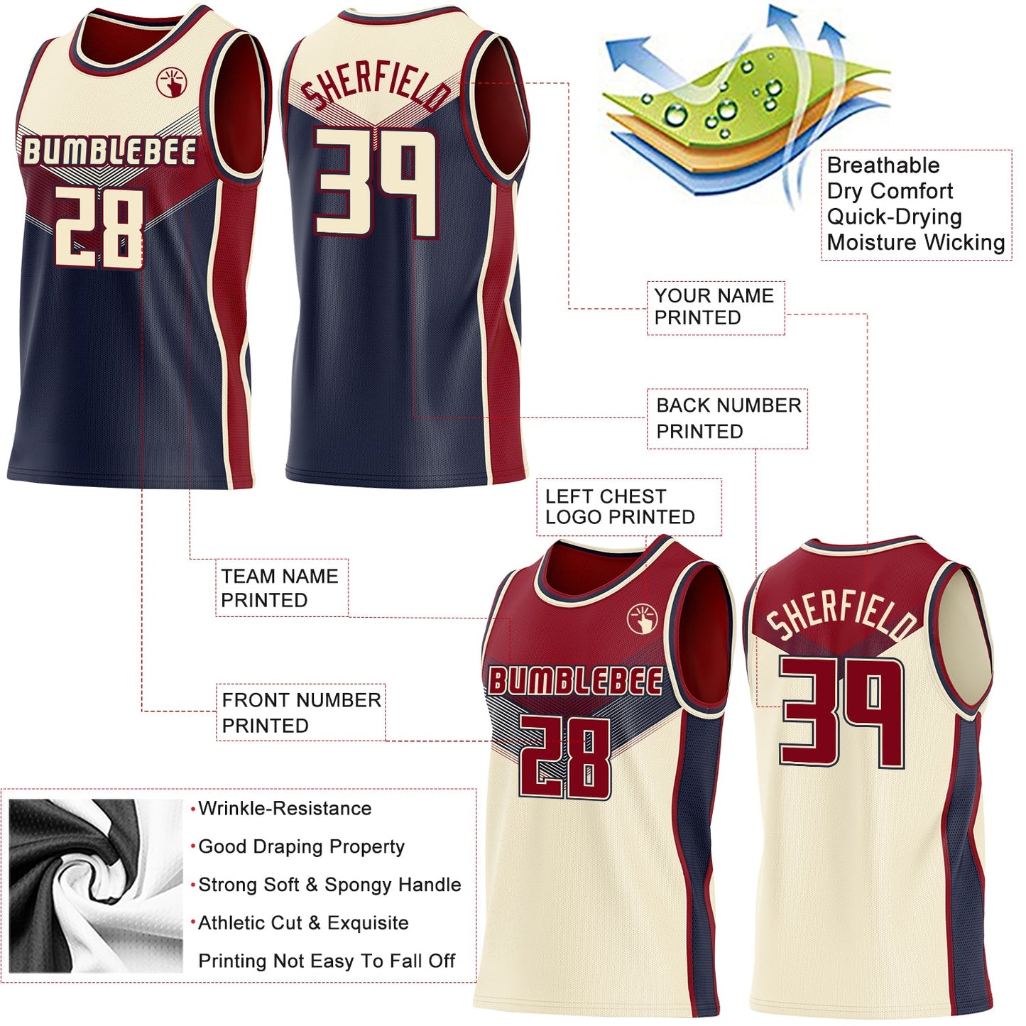 Custom Cream Navy-Maroon Side Panel Stripe Geometric V-Cut Color Block Reversible Double Side Sublimation Basketball Set Jersey view 3