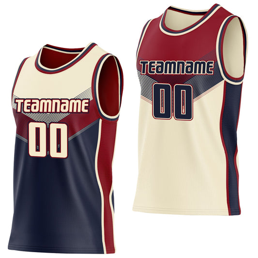 Custom Cream Navy-Maroon Side Panel Stripe Geometric V-Cut Color Block Reversible Double Side Sublimation Basketball Set Jersey - Main View