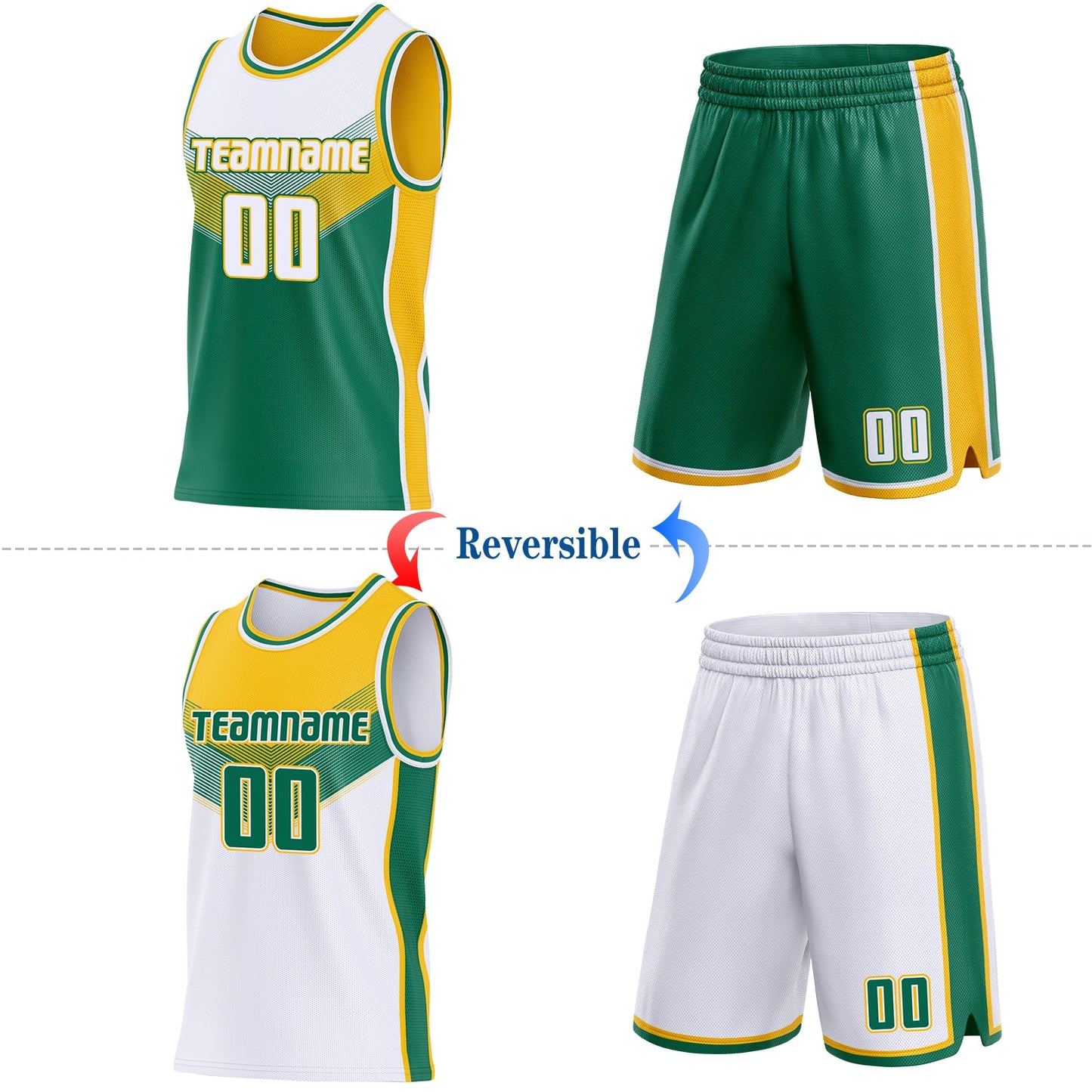 Custom White Kelly Green-Gold Side Panel Stripe Geometric V-Cut Color Block Reversible Double Side Sublimation Basketball Set Jersey view 2