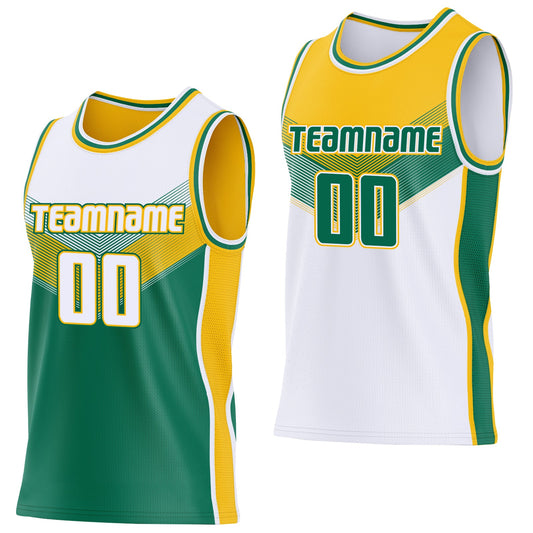 Custom White Kelly Green-Gold Side Panel Stripe Geometric V-Cut Color Block Reversible Double Side Sublimation Basketball Set Jersey - Main View