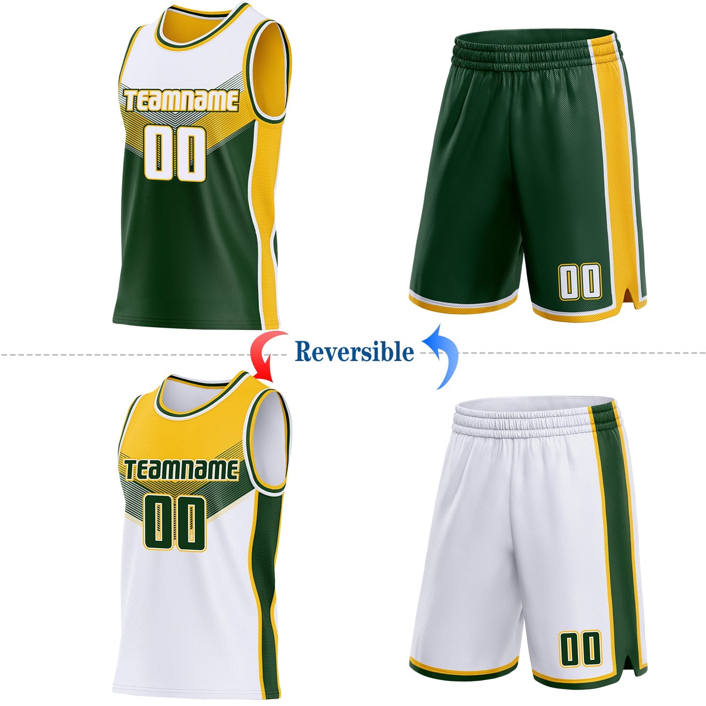 Custom White Green-Gold Side Panel Stripe Geometric V-Cut Color Block Reversible Double Side Sublimation Basketball Set Jersey view 2