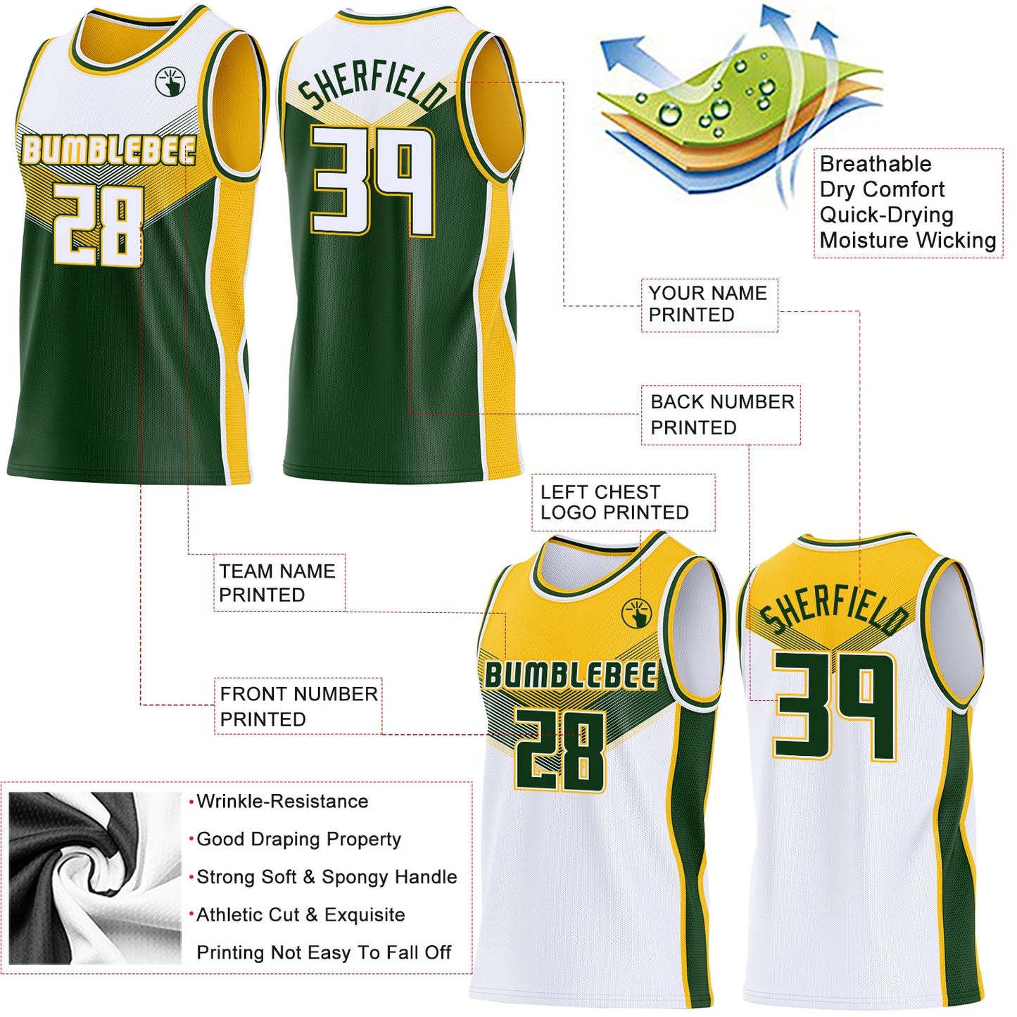 Custom White Green-Gold Side Panel Stripe Geometric V-Cut Color Block Reversible Double Side Sublimation Basketball Set Jersey view 3