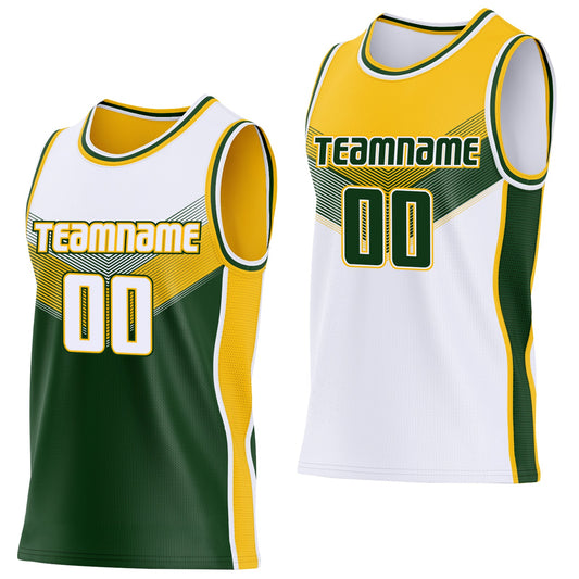 Custom White Green-Gold Side Panel Stripe Geometric V-Cut Color Block Reversible Double Side Sublimation Basketball Set Jersey - Main View