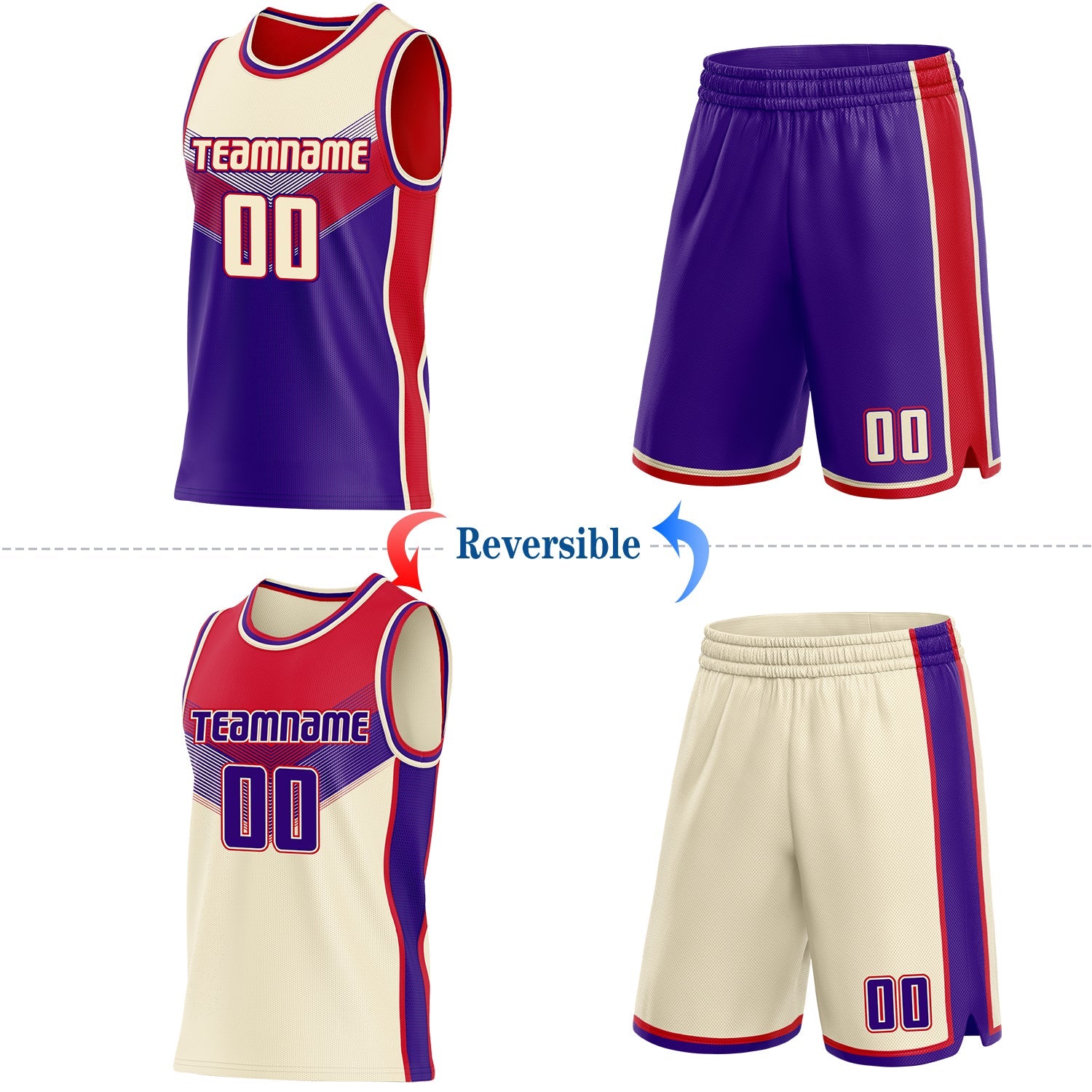 Custom Cream Purple-Red Side Panel Stripe Geometric V-Cut Color Block Reversible Double Side Sublimation Basketball Set Jersey view 2