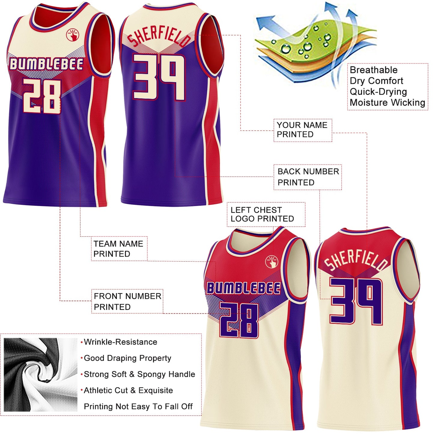 Custom Cream Purple-Red Side Panel Stripe Geometric V-Cut Color Block Reversible Double Side Sublimation Basketball Set Jersey view 3