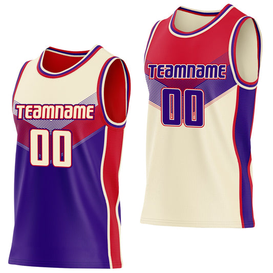 Custom Cream Purple-Red Side Panel Stripe Geometric V-Cut Color Block Reversible Double Side Sublimation Basketball Set Jersey - Main View