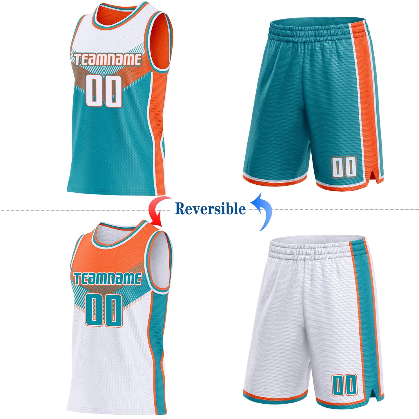 Custom White Teal-Orange Side Panel Stripe Geometric V-Cut Color Block Reversible Double Side Sublimation Basketball Set Jersey view 2
