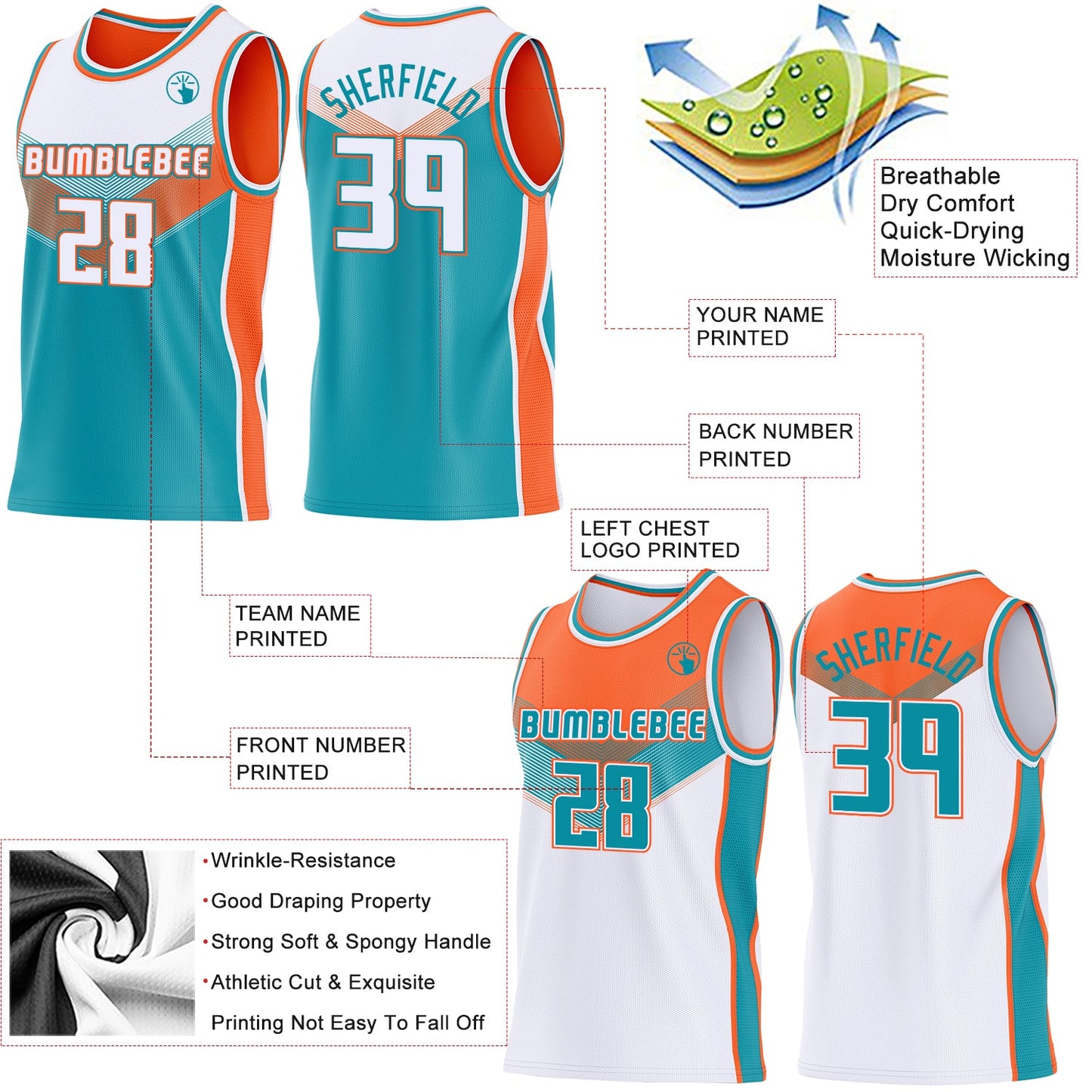 Custom White Teal-Orange Side Panel Stripe Geometric V-Cut Color Block Reversible Double Side Sublimation Basketball Set Jersey view 3