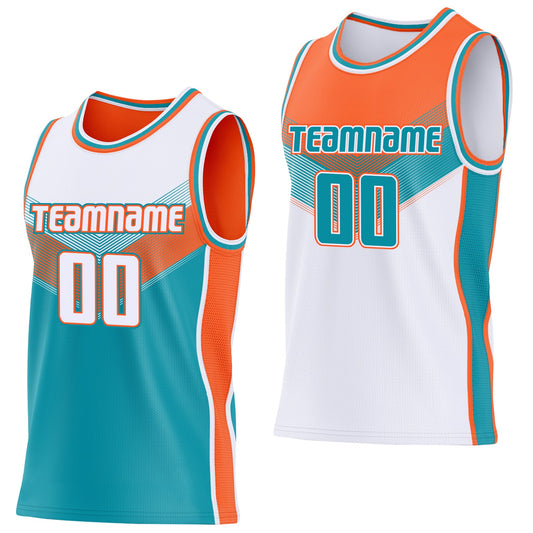Custom White Teal-Orange Side Panel Stripe Geometric V-Cut Color Block Reversible Double Side Sublimation Basketball Set Jersey - Main View