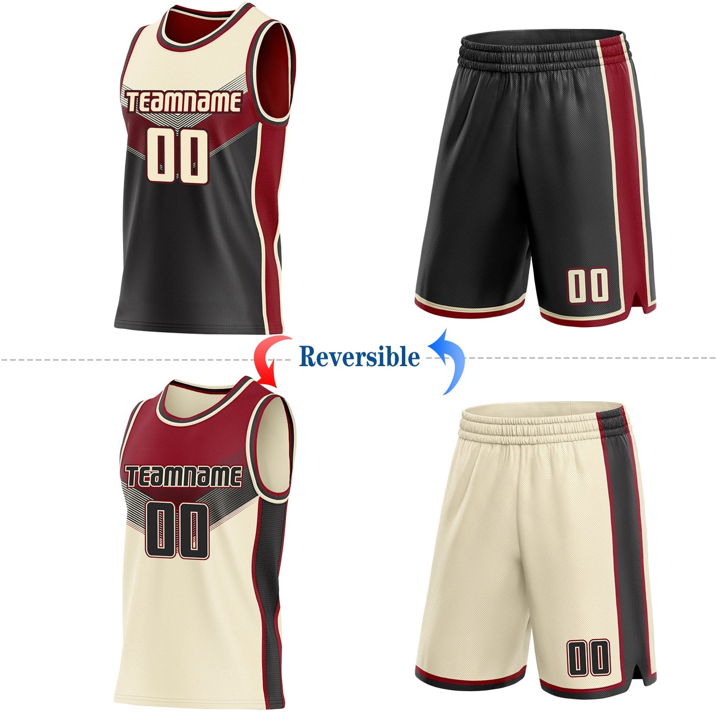 Custom Cream Black-Maroon Side Panel Stripe Geometric V-Cut Color Block Reversible Double Side Sublimation Basketball Set Jersey view 2