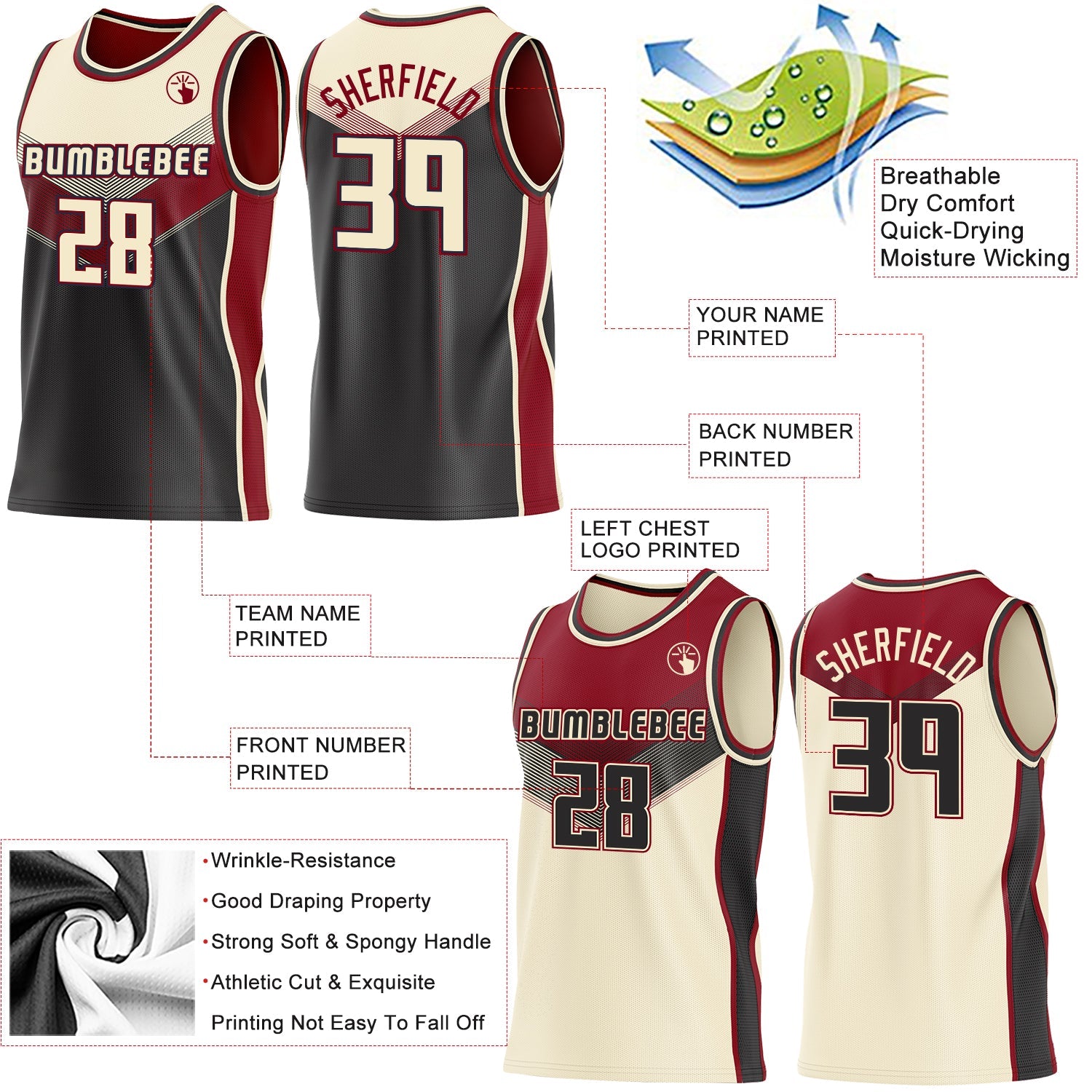 Custom Cream Black-Maroon Side Panel Stripe Geometric V-Cut Color Block Reversible Double Side Sublimation Basketball Set Jersey view 3