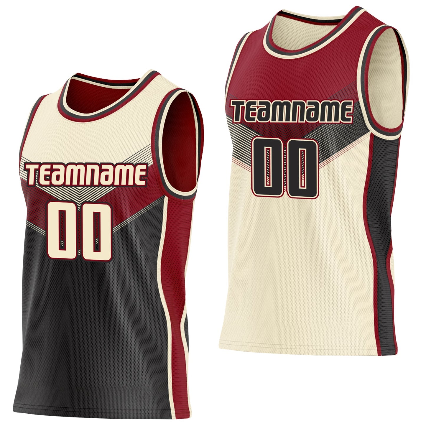 Custom Cream Black-Maroon Side Panel Stripe Geometric V-Cut Color Block Reversible Double Side Sublimation Basketball Set Jersey - Main View