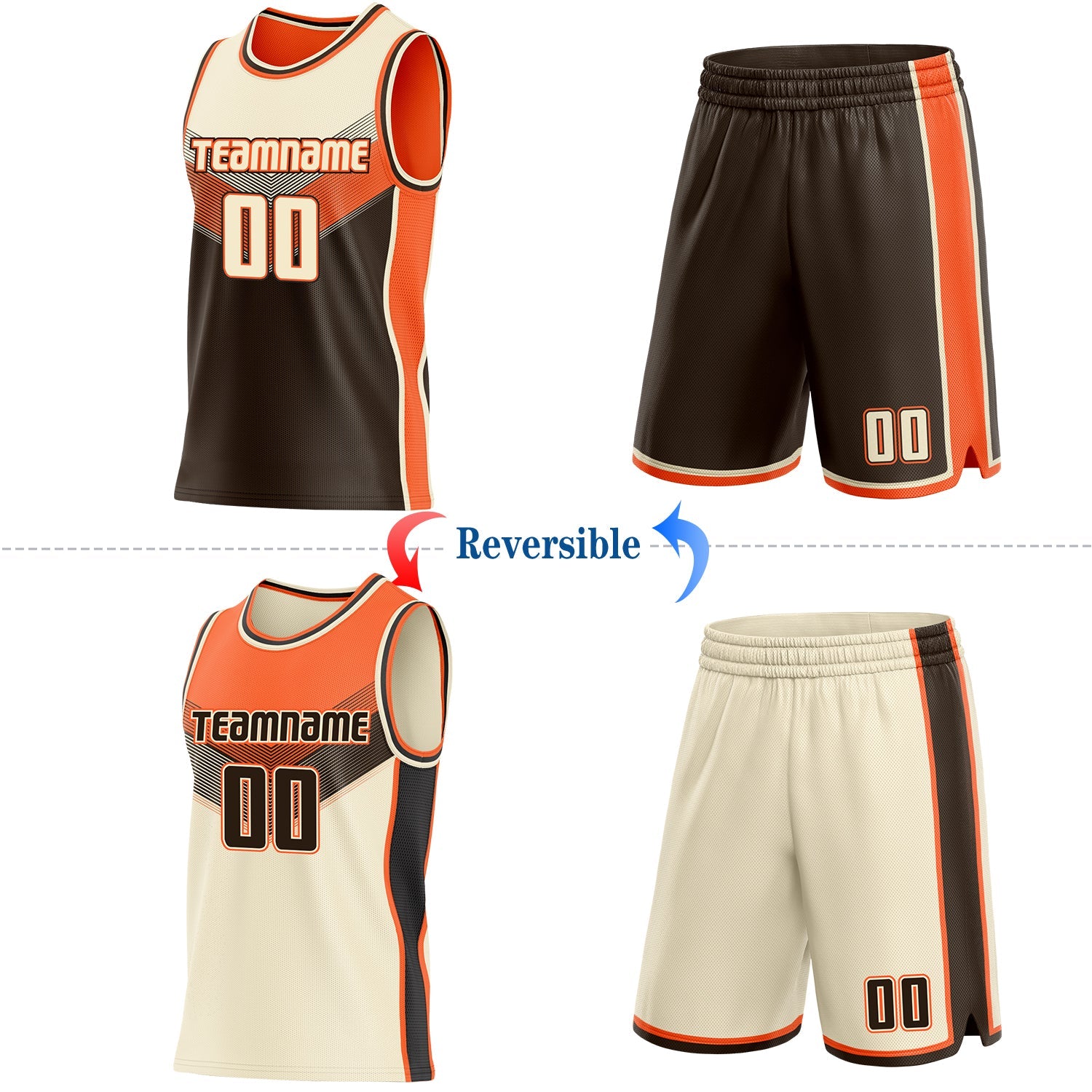 Custom Cream Brown-Orange Side Panel Stripe Geometric V-Cut Color Block Reversible Double Side Sublimation Basketball Set Jersey view 2