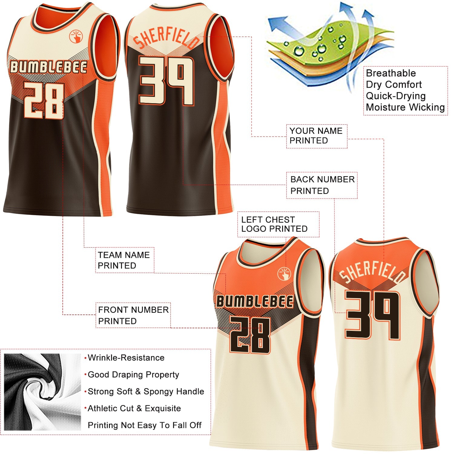 Custom Cream Brown-Orange Side Panel Stripe Geometric V-Cut Color Block Reversible Double Side Sublimation Basketball Set Jersey view 3