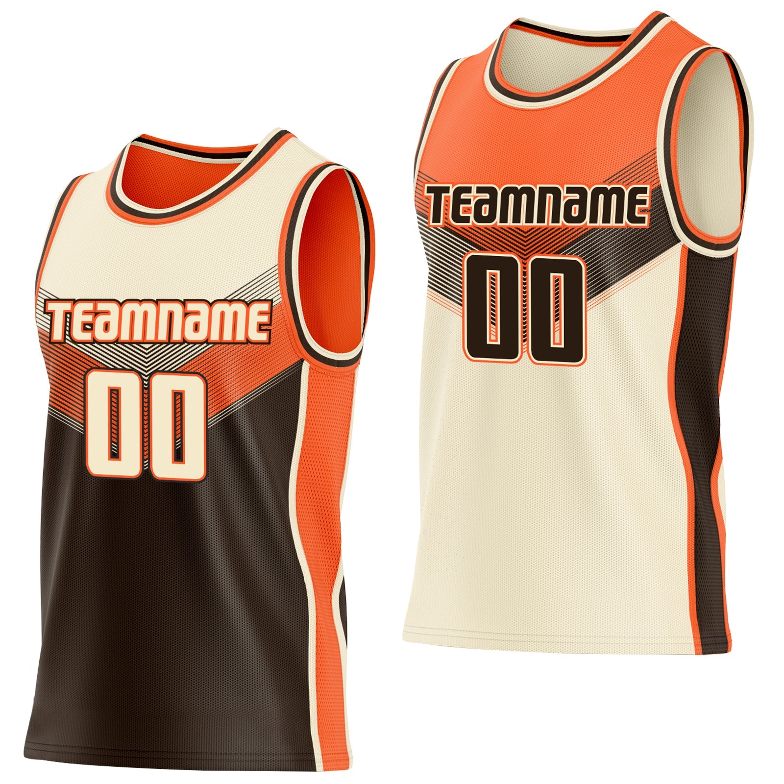 Custom Cream Brown-Orange Side Panel Stripe Geometric V-Cut Color Block Reversible Double Side Sublimation Basketball Set Jersey - Main View