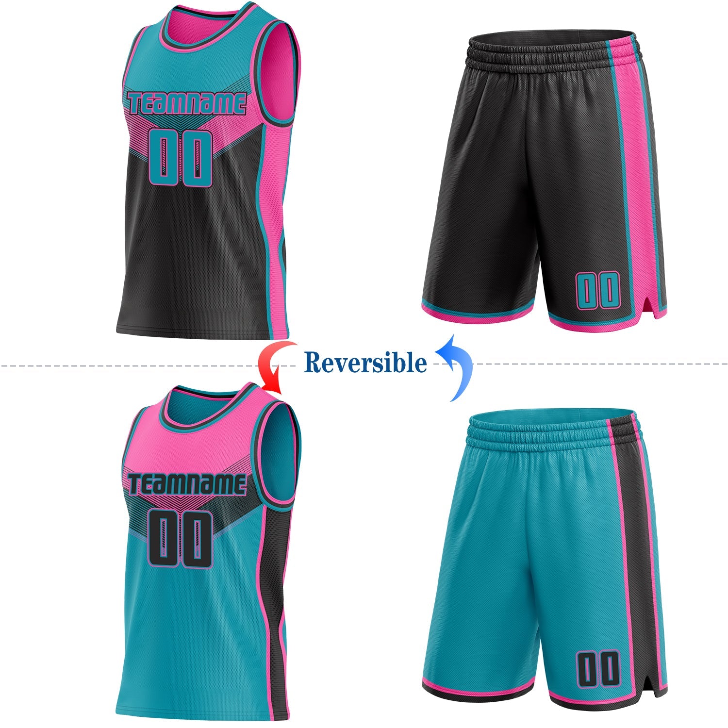 Custom Teal Black-Pink Side Panel Stripe Geometric V-Cut Color Block Reversible Double Side Sublimation Basketball Set Jersey view 2
