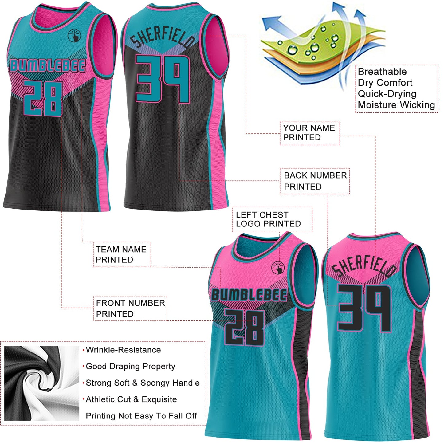 Custom Teal Black-Pink Side Panel Stripe Geometric V-Cut Color Block Reversible Double Side Sublimation Basketball Set Jersey view 3