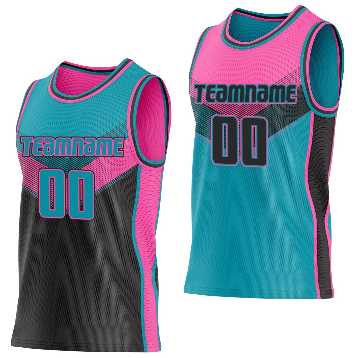 Custom Teal Black-Pink Side Panel Stripe Geometric V-Cut Color Block Reversible Double Side Sublimation Basketball Set Jersey - Main View