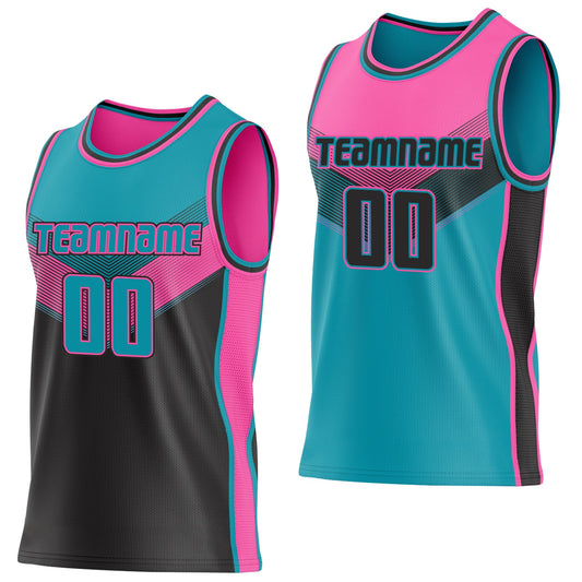 Custom Teal Black-Pink Side Panel Stripe Geometric V-Cut Color Block Reversible Double Side Sublimation Basketball Set Jersey - Main View