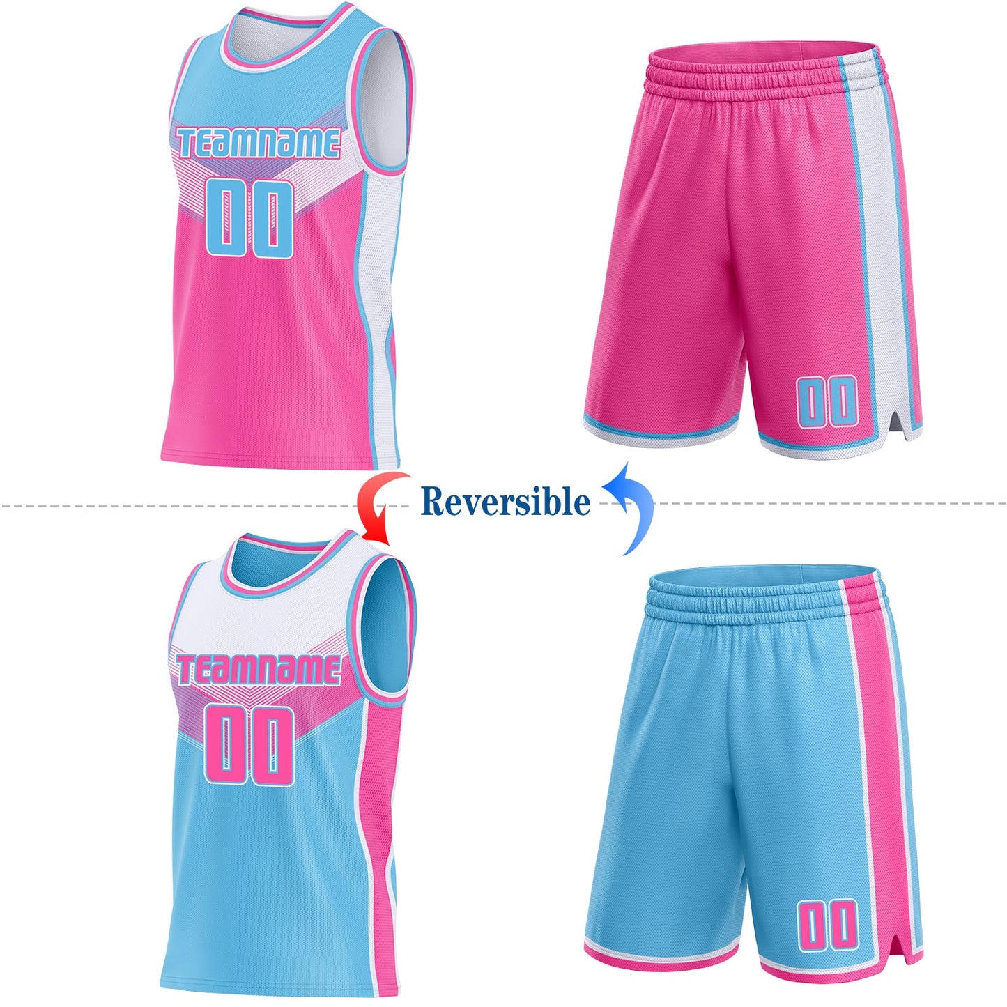 Custom Sky Blue Pink-White Side Panel Stripe Geometric V-Cut Color Block Reversible Double Side Sublimation Basketball Set Jersey view 2