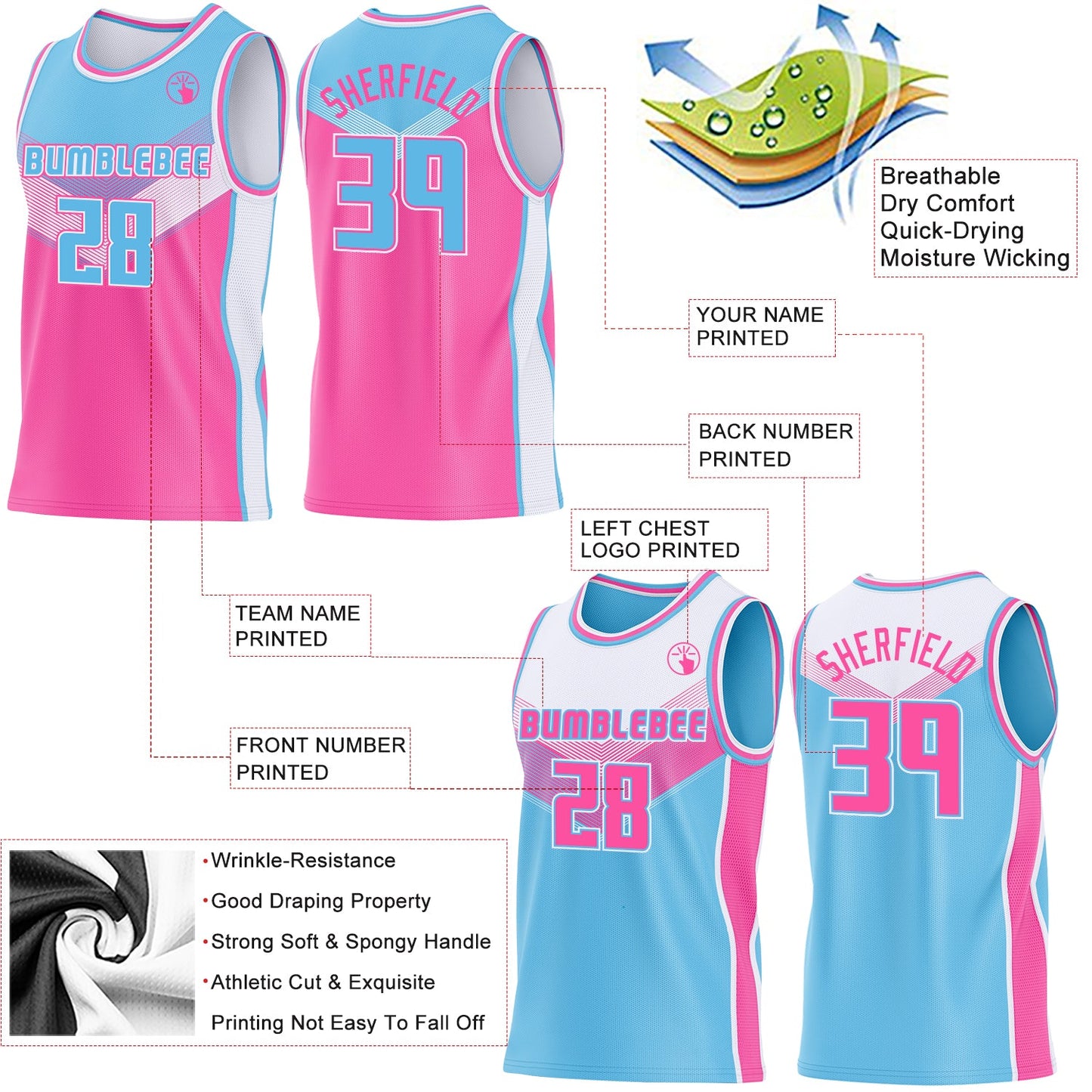 Custom Sky Blue Pink-White Side Panel Stripe Geometric V-Cut Color Block Reversible Double Side Sublimation Basketball Set Jersey view 3