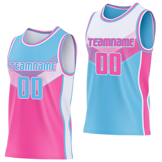 Custom Sky Blue Pink-White Side Panel Stripe Geometric V-Cut Color Block Reversible Double Side Sublimation Basketball Set Jersey - Main View