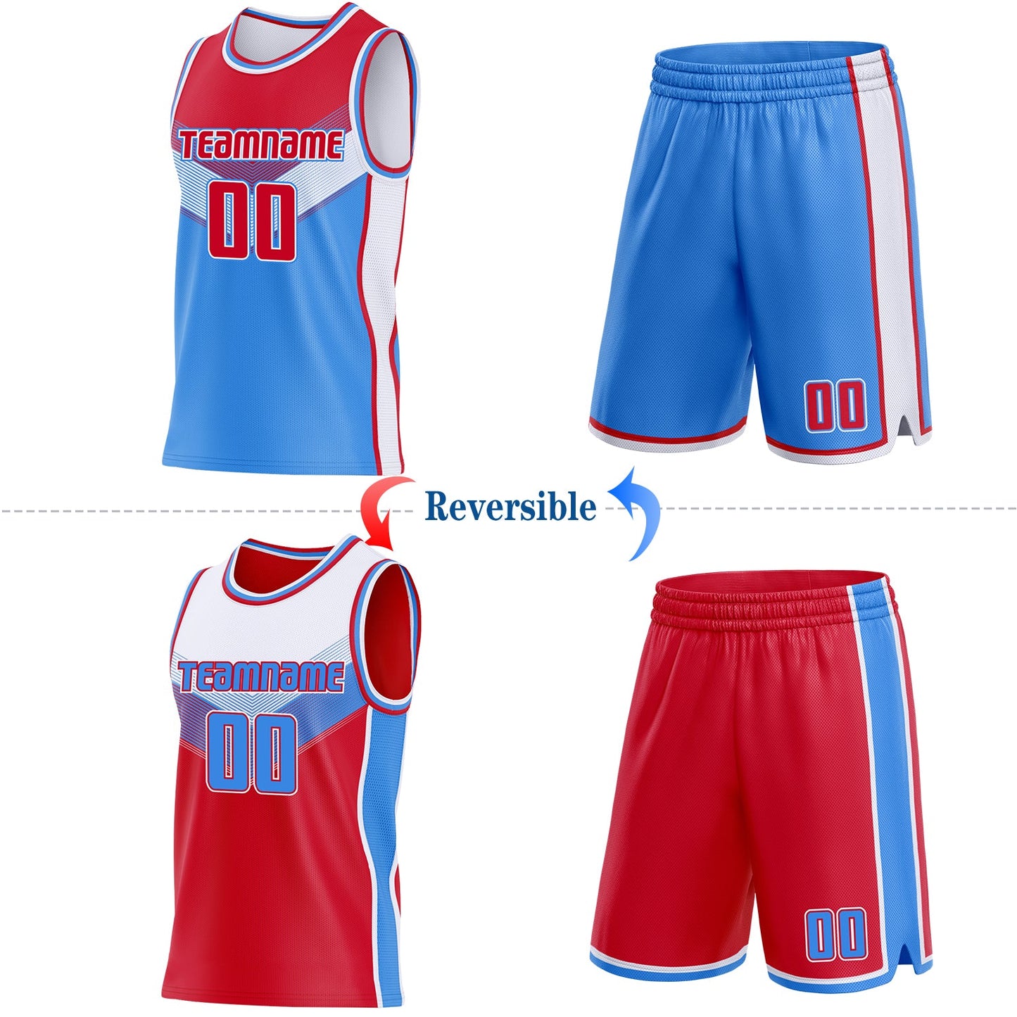 Custom Red Powder Blue-White Side Panel Stripe Geometric V-Cut Color Block Reversible Double Side Sublimation Basketball Set Jersey view 2