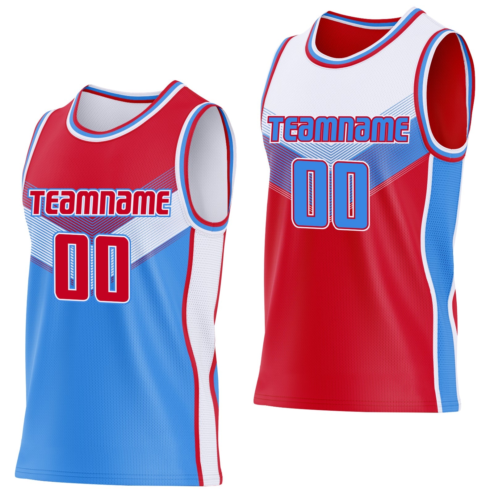 Custom Red Powder Blue-White Side Panel Stripe Geometric V-Cut Color Block Reversible Double Side Sublimation Basketball Set Jersey - Main View