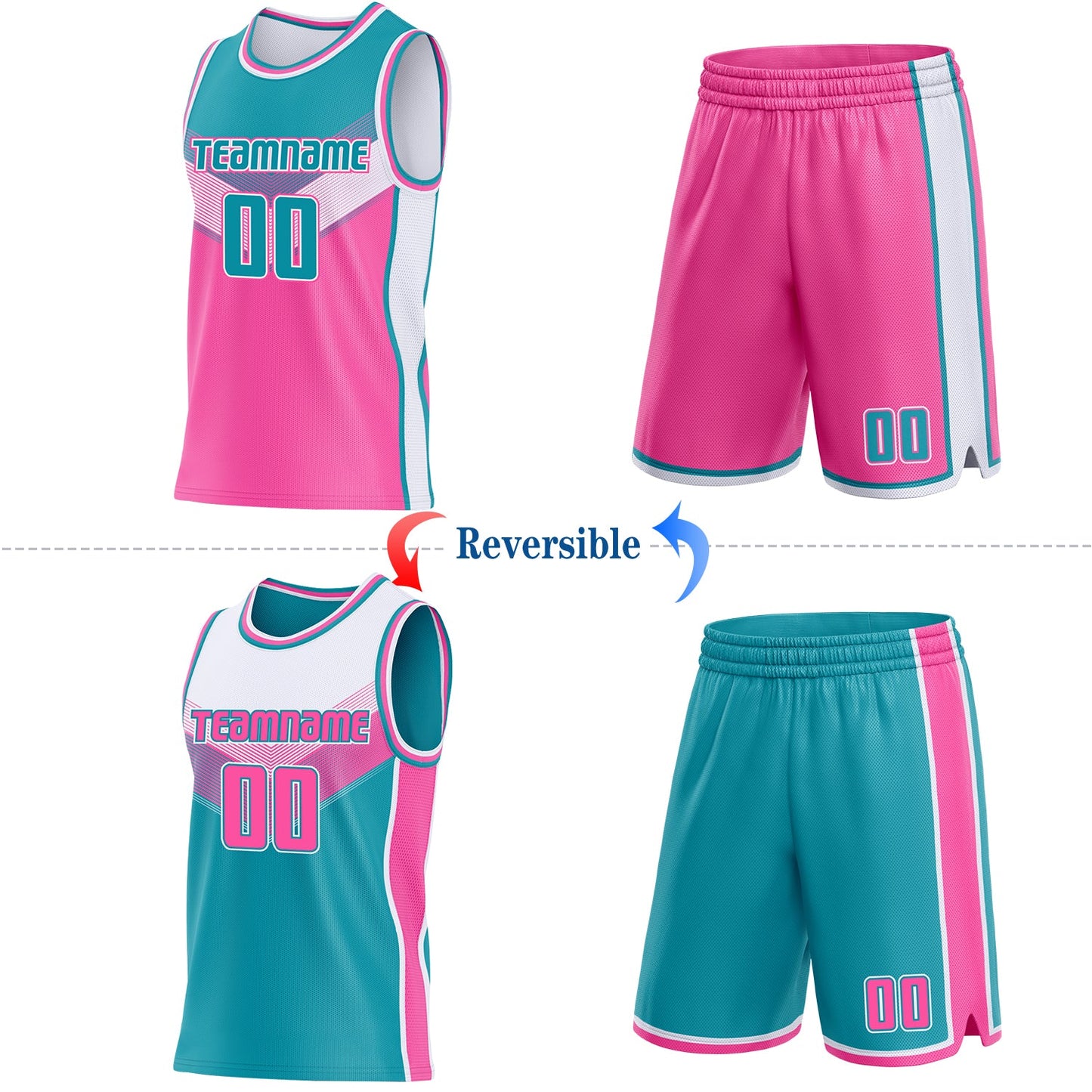 Custom Teal Pink-White Side Panel Stripe Geometric V-Cut Color Block Reversible Double Side Sublimation Basketball Set Jersey view 2