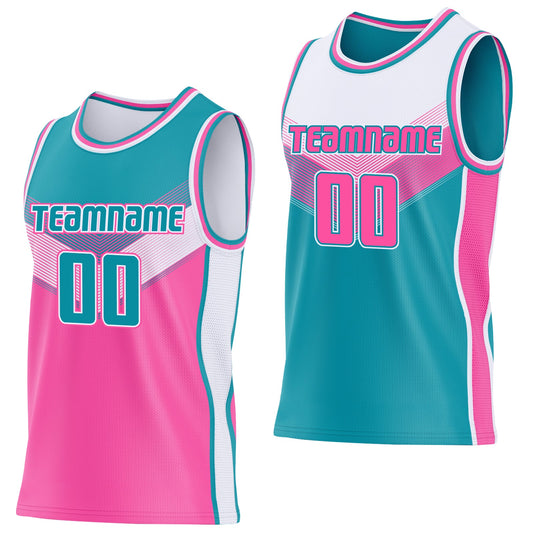 Custom Teal Pink-White Side Panel Stripe Geometric V-Cut Color Block Reversible Double Side Sublimation Basketball Set Jersey - Main View