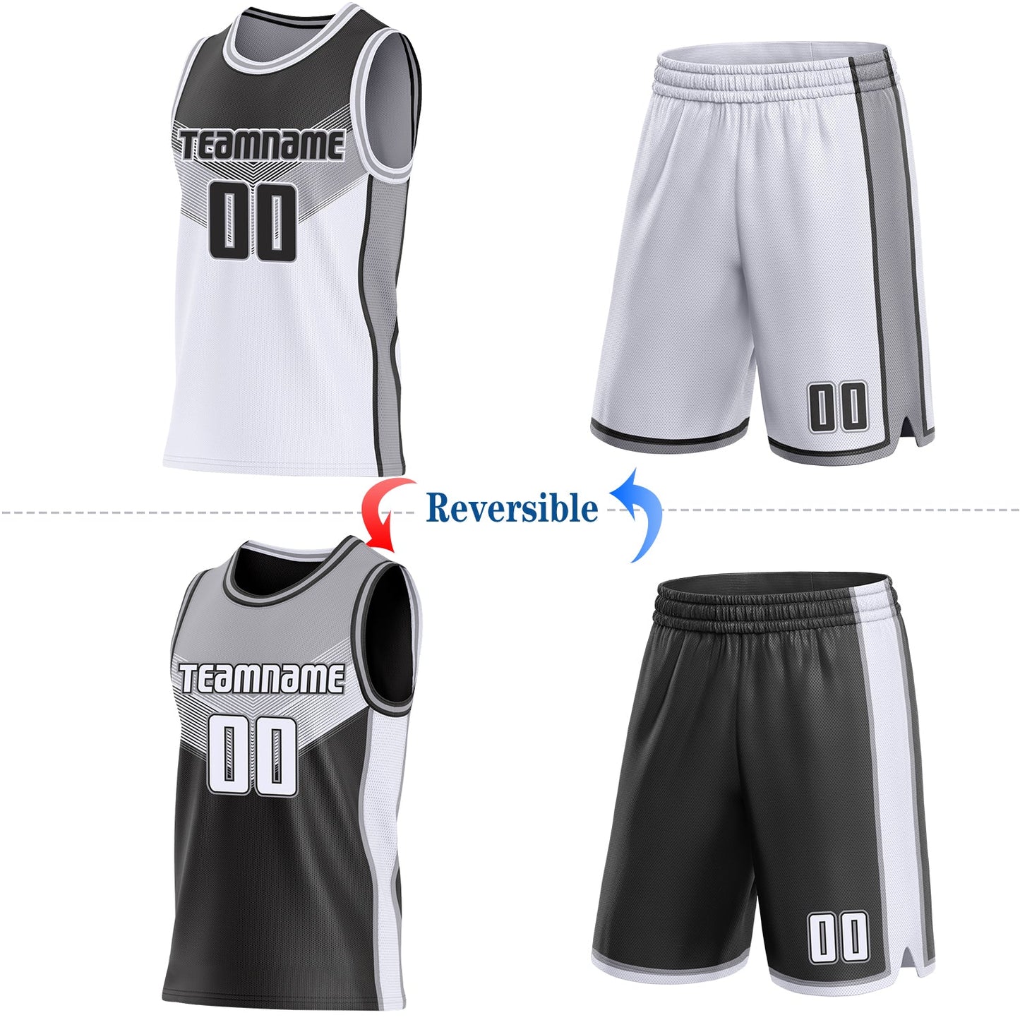 Custom Black White-Gray Side Panel Stripe Geometric V-Cut Color Block Reversible Double Side Sublimation Basketball Set Jersey view 2