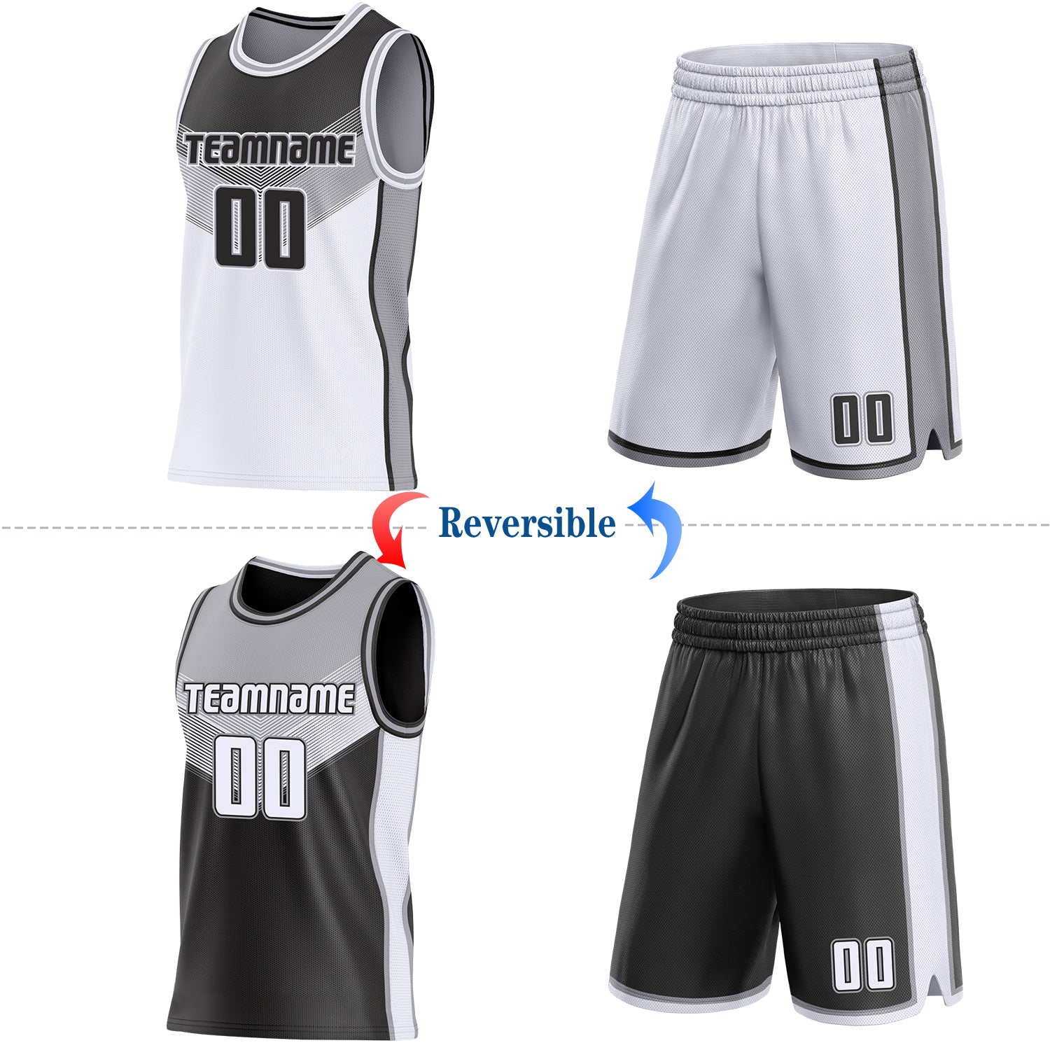 Custom Black White-Gray Side Panel Stripe Geometric V-Cut Color Block Reversible Double Side Sublimation Basketball Set Jersey view 2