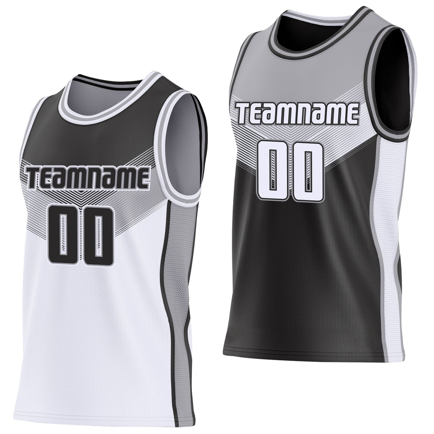 Custom Black White-Gray Side Panel Stripe Geometric V-Cut Color Block Reversible Double Side Sublimation Basketball Set Jersey - Main View