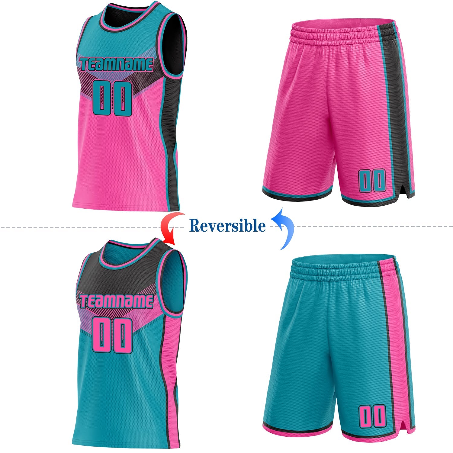 Custom Teal Pink-Black Side Panel Stripe Geometric V-Cut Color Block Reversible Double Side Sublimation Basketball Set Jersey view 2
