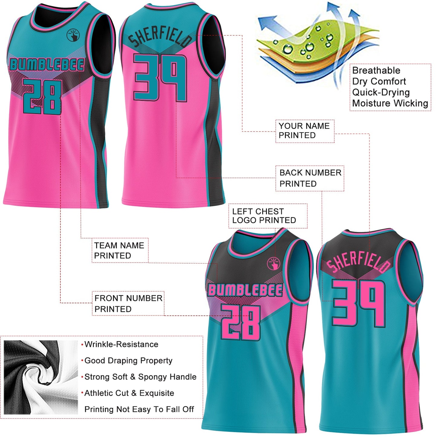 Custom Teal Pink-Black Side Panel Stripe Geometric V-Cut Color Block Reversible Double Side Sublimation Basketball Set Jersey view 3