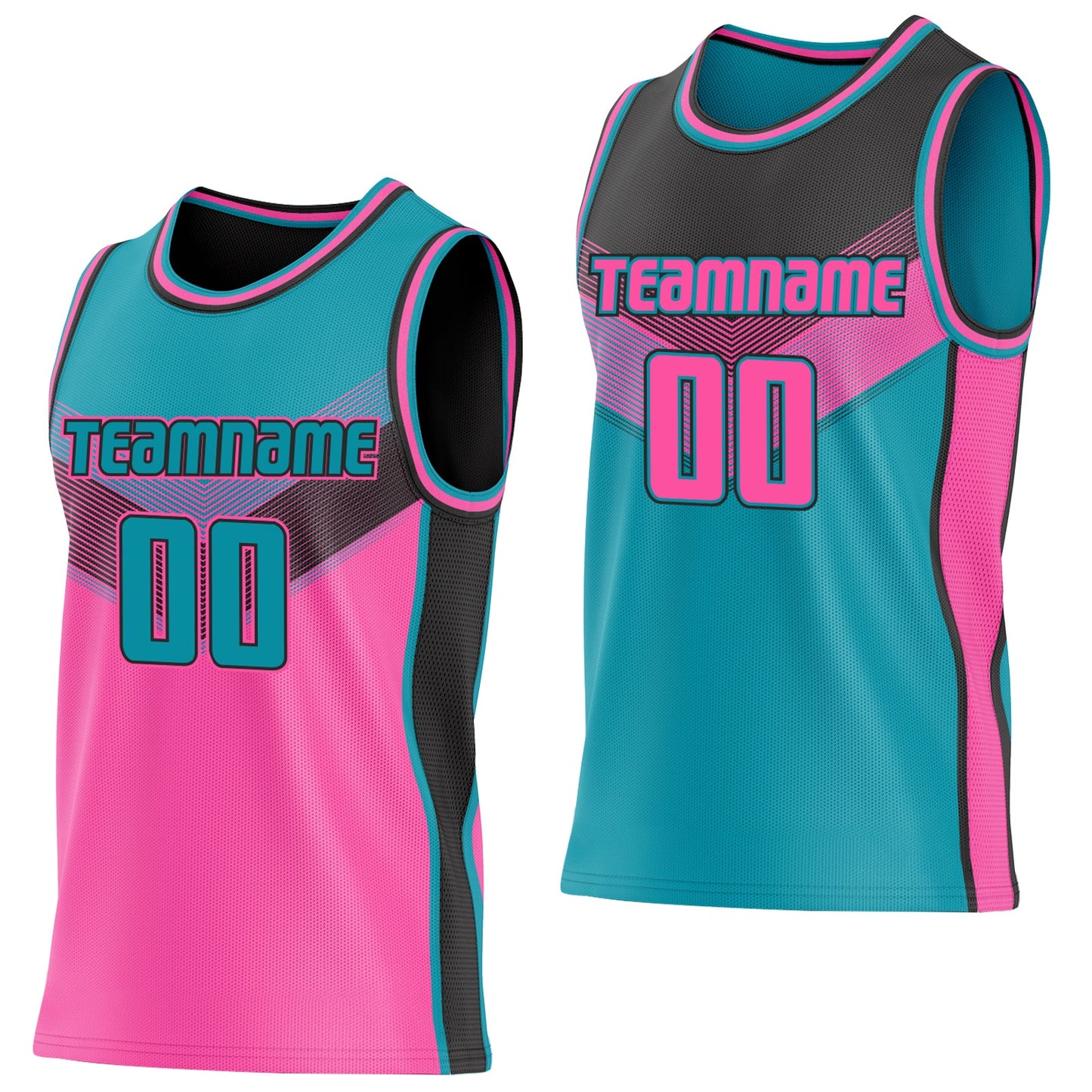 Custom Teal Pink-Black Side Panel Stripe Geometric V-Cut Color Block Reversible Double Side Sublimation Basketball Set Jersey - Main View