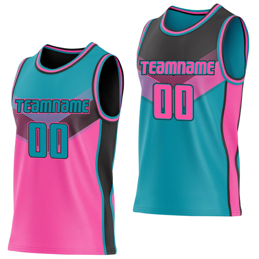 Custom Teal Pink-Black Side Panel Stripe Geometric V-Cut Color Block Reversible Double Side Sublimation Basketball Set Jersey - Main View