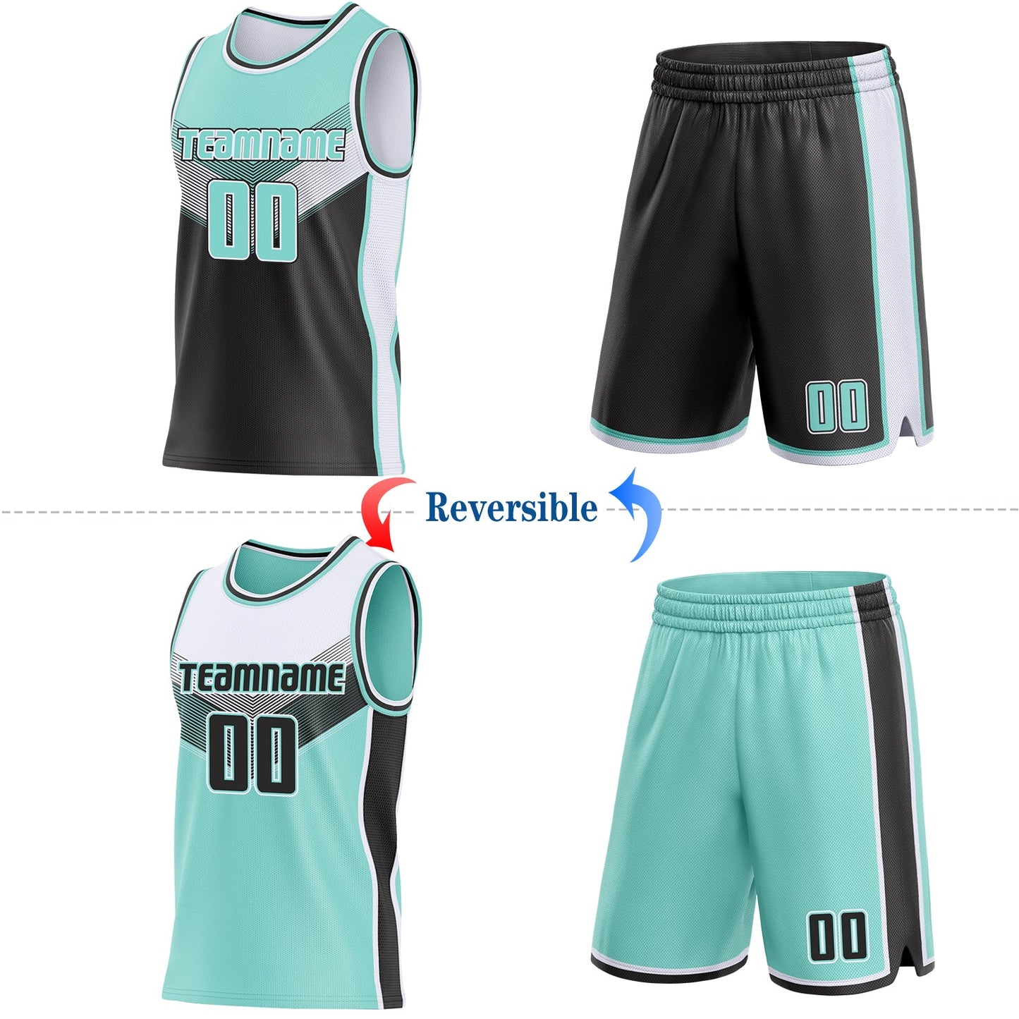 Custom Ice Blue Black-White Side Panel Stripe Geometric V-Cut Color Block Reversible Double Side Sublimation Basketball Set Jersey view 2