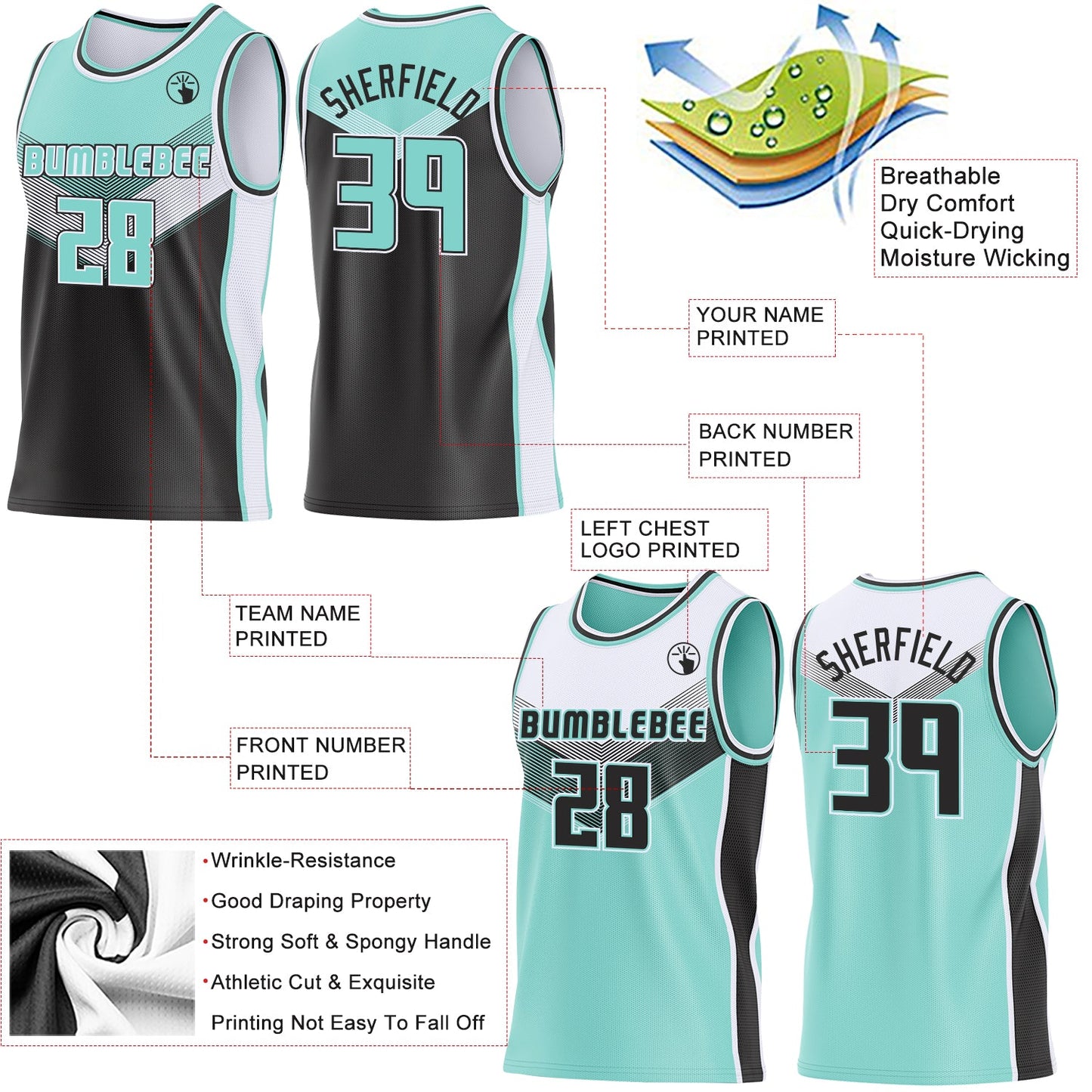 Custom Ice Blue Black-White Side Panel Stripe Geometric V-Cut Color Block Reversible Double Side Sublimation Basketball Set Jersey view 3