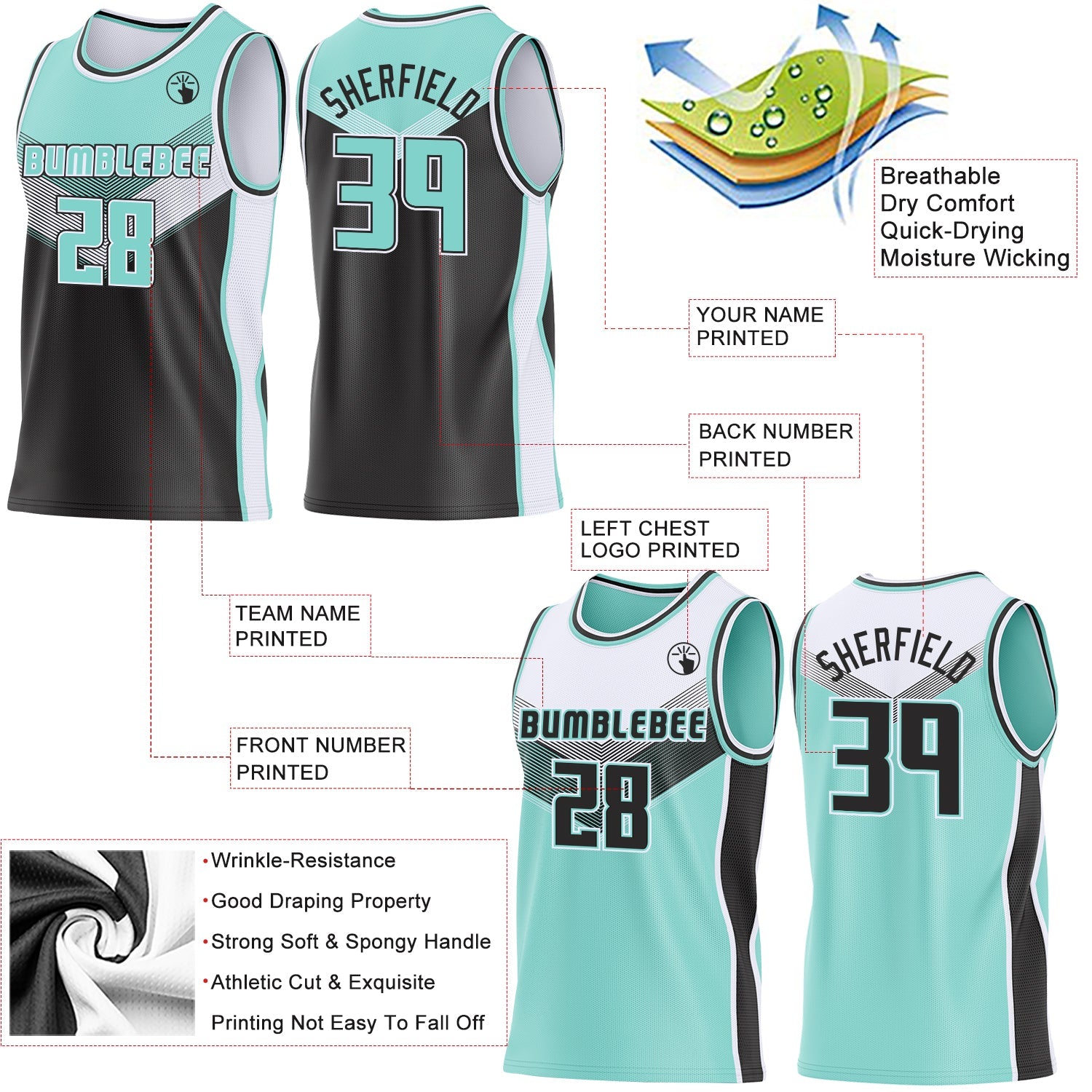 Custom Ice Blue Black-White Side Panel Stripe Geometric V-Cut Color Block Reversible Double Side Sublimation Basketball Set Jersey view 3
