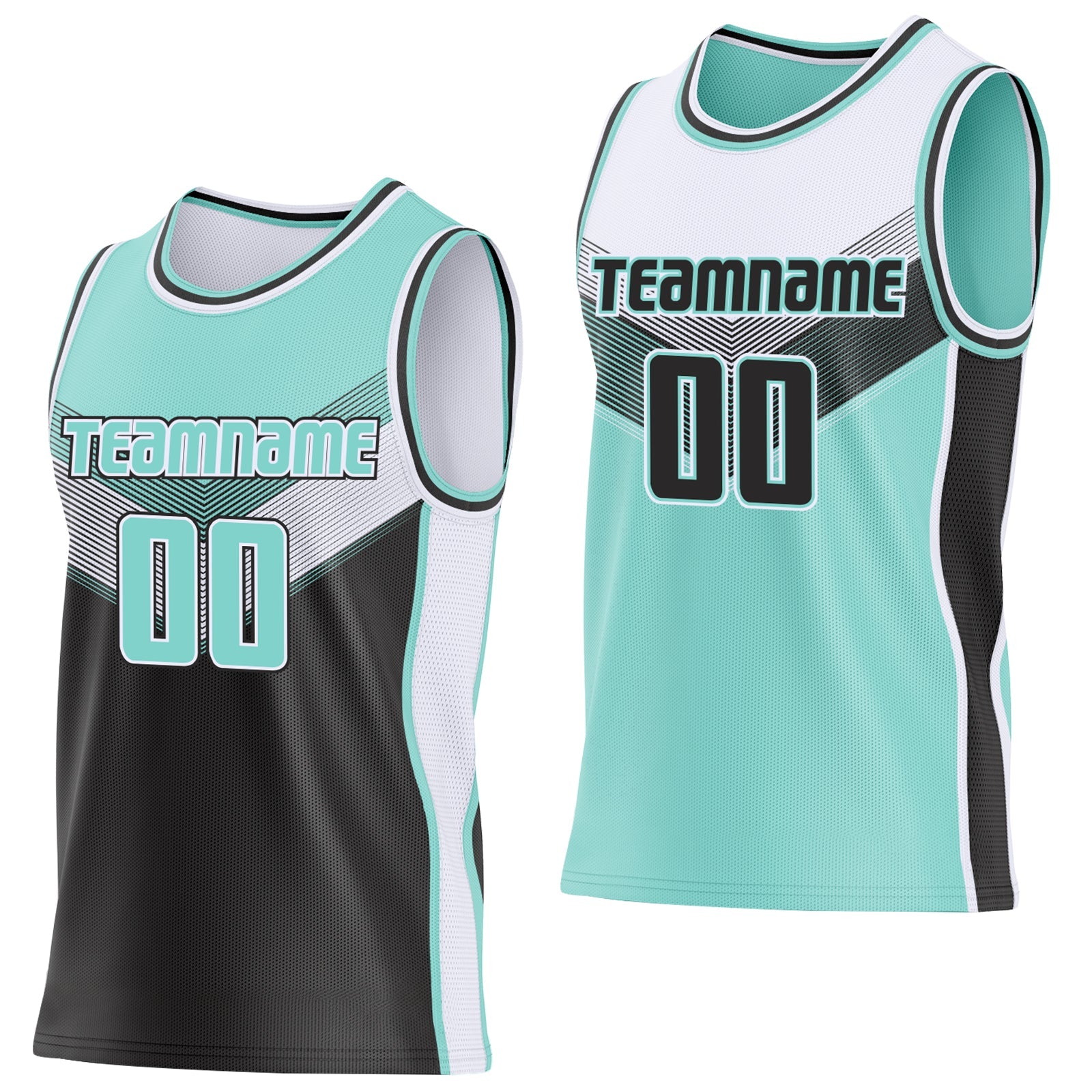 Custom Ice Blue Black-White Side Panel Stripe Geometric V-Cut Color Block Reversible Double Side Sublimation Basketball Set Jersey - Main View