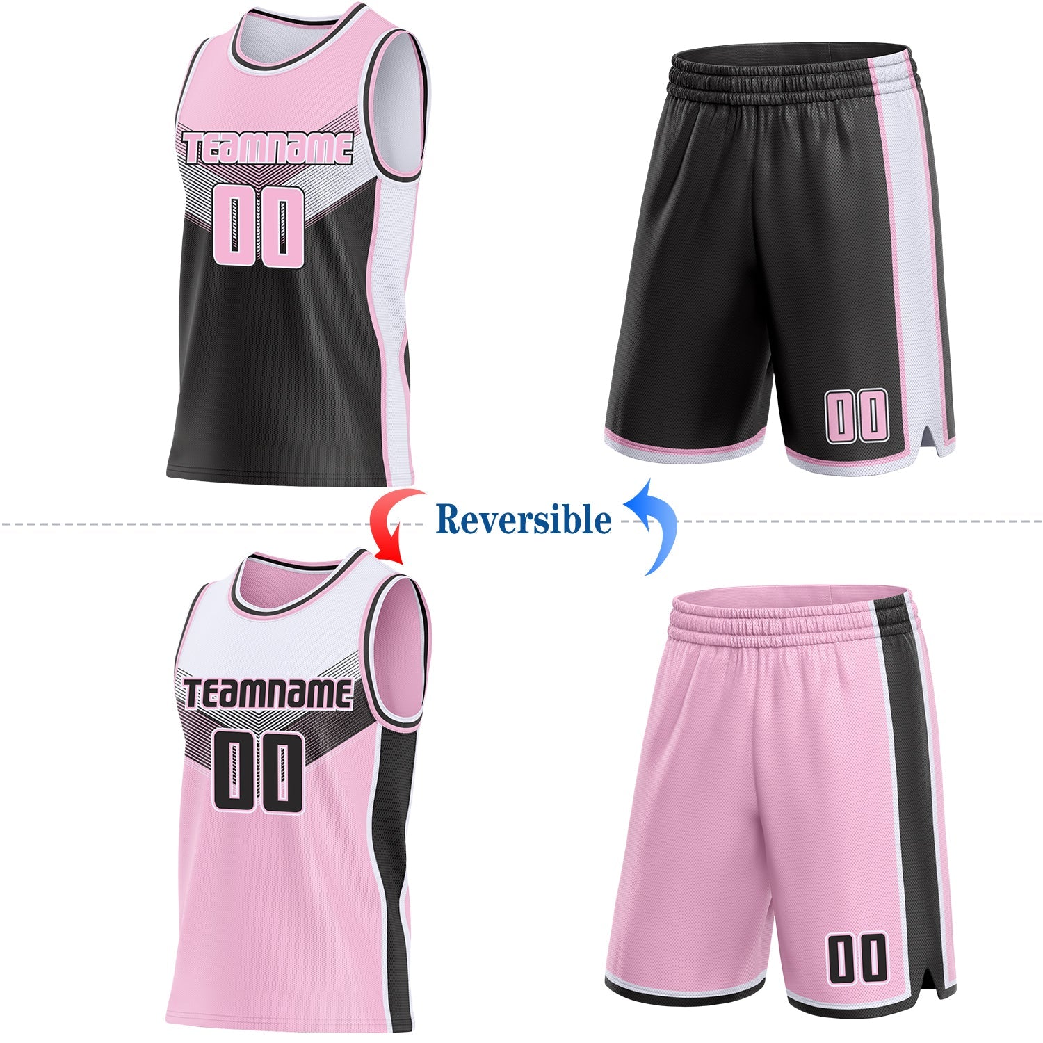 Custom Light Pink Black-White Side Panel Stripe Geometric V-Cut Color Block Reversible Double Side Sublimation Basketball Set Jersey view 2
