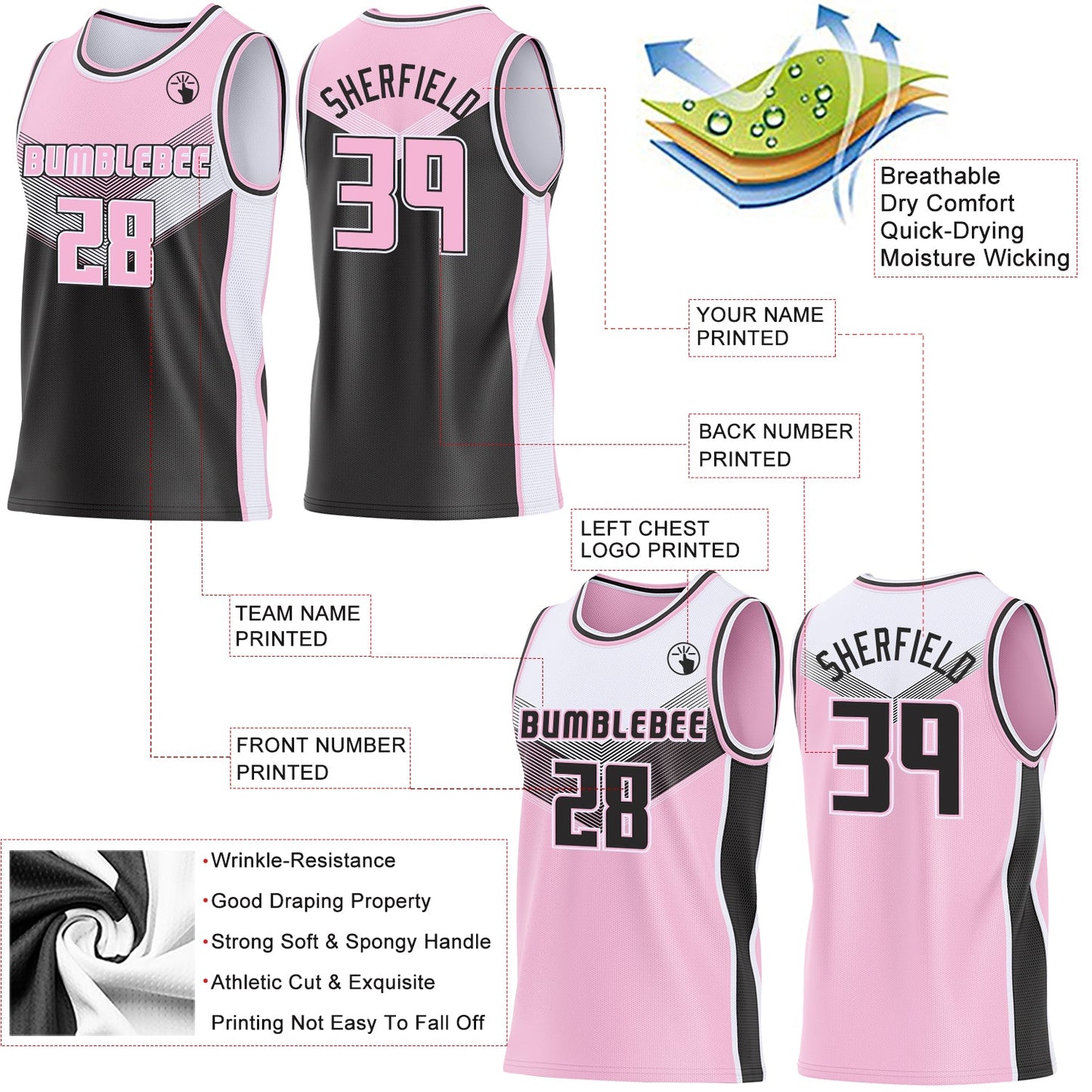 Custom Light Pink Black-White Side Panel Stripe Geometric V-Cut Color Block Reversible Double Side Sublimation Basketball Set Jersey view 3