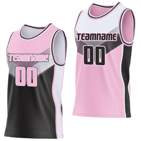 Custom Light Pink Black-White Side Panel Stripe Geometric V-Cut Color Block Reversible Double Side Sublimation Basketball Set Jersey - Main View