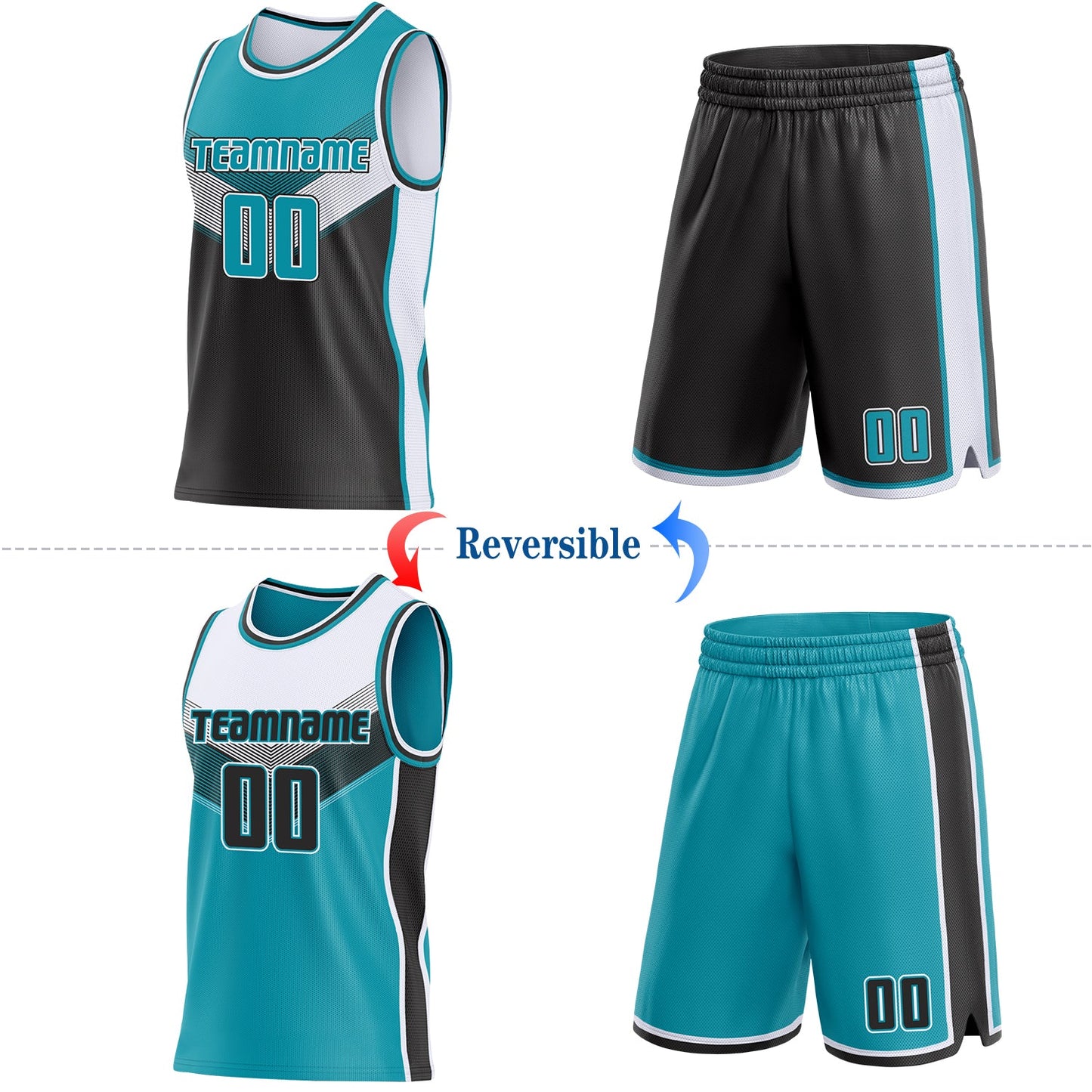 Custom Teal Black-White Side Panel Stripe Geometric V-Cut Color Block Reversible Double Side Sublimation Basketball Set Jersey view 2