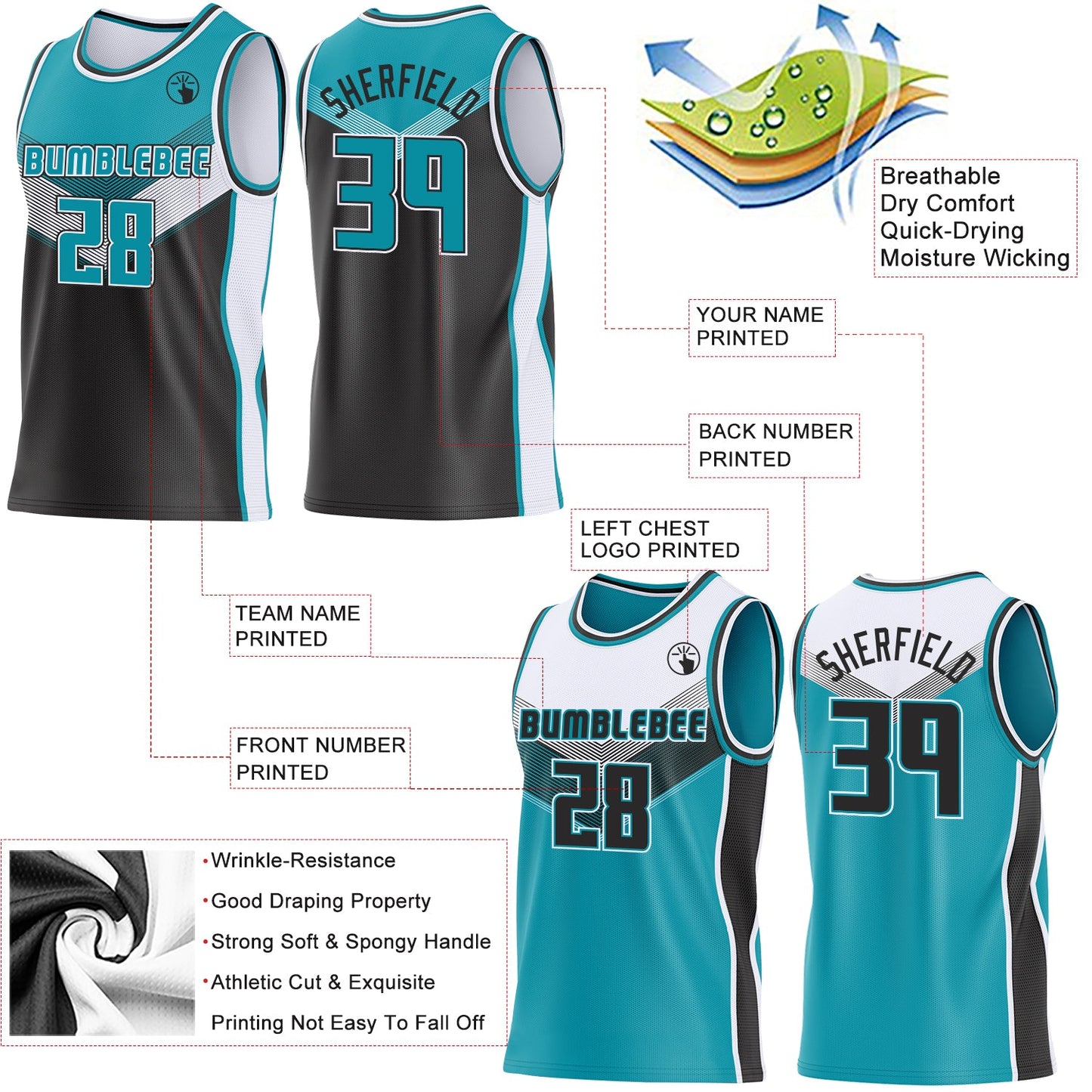 Custom Teal Black-White Side Panel Stripe Geometric V-Cut Color Block Reversible Double Side Sublimation Basketball Set Jersey view 3