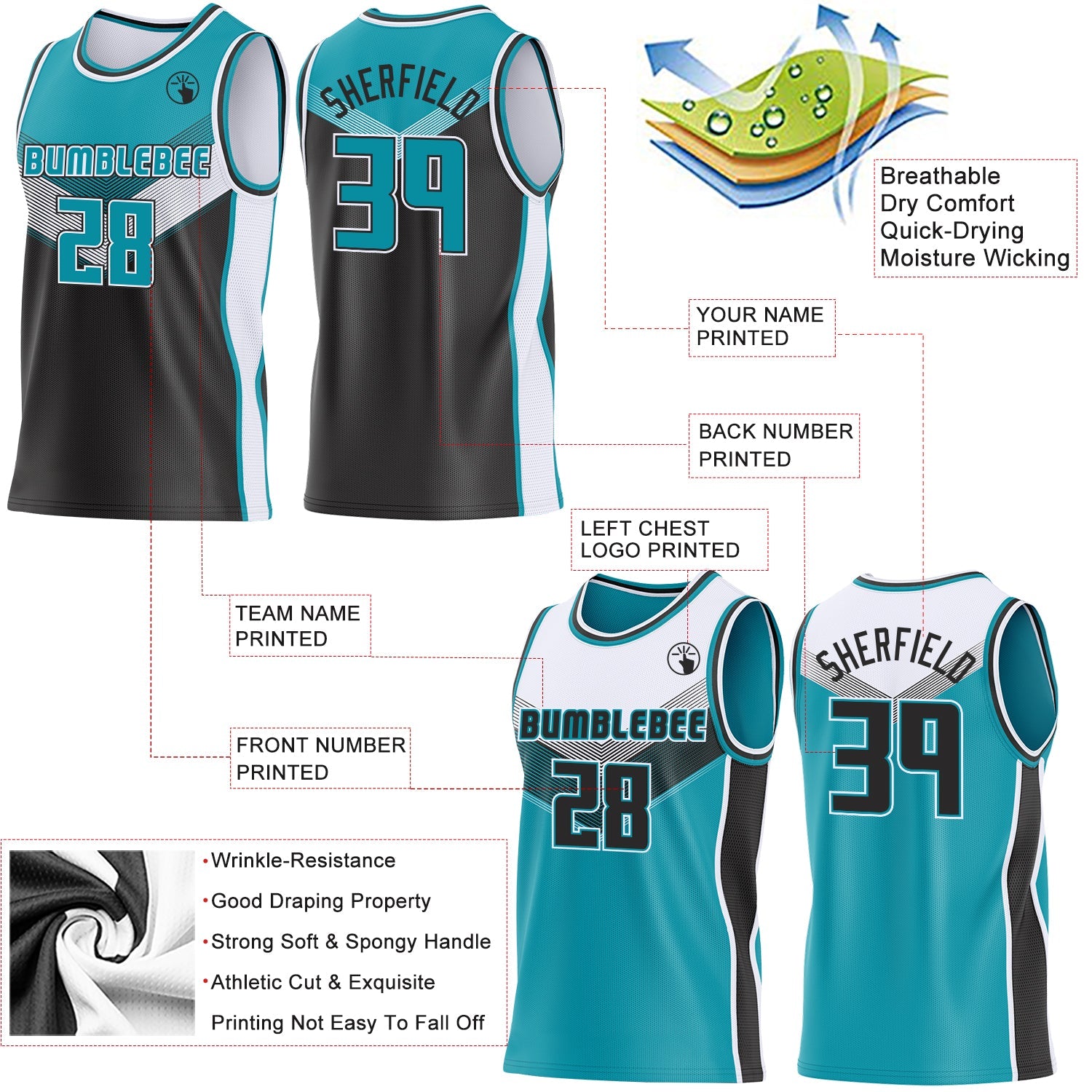 Custom Teal Black-White Side Panel Stripe Geometric V-Cut Color Block Reversible Double Side Sublimation Basketball Set Jersey view 3